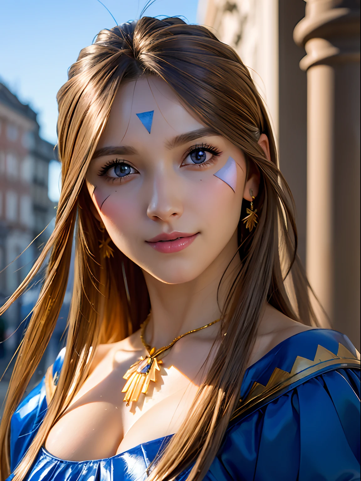 (masterpiece, best quality:1.4), (standing:1.2), (full body:1.2), (large breast), (breast focus), big angel wings, 1girl, solo, (european youth:1), (Belldandy, Belldandy_Blue_Dress), necklace, (Diamond symbol:0.8), looking at viewer, beautifull smile, beautiful face, highly detailed face, highly detailed eyes, highly detailed skin, skin pores, subsurface scattering, realistic pupils, full face blush, full lips, detailed background, depth of field, volumetric lighting, sharp focus, absurdres, realistic proportions, good anatomy, (realistic, hyperrealistic:1.4), 16k hdr,