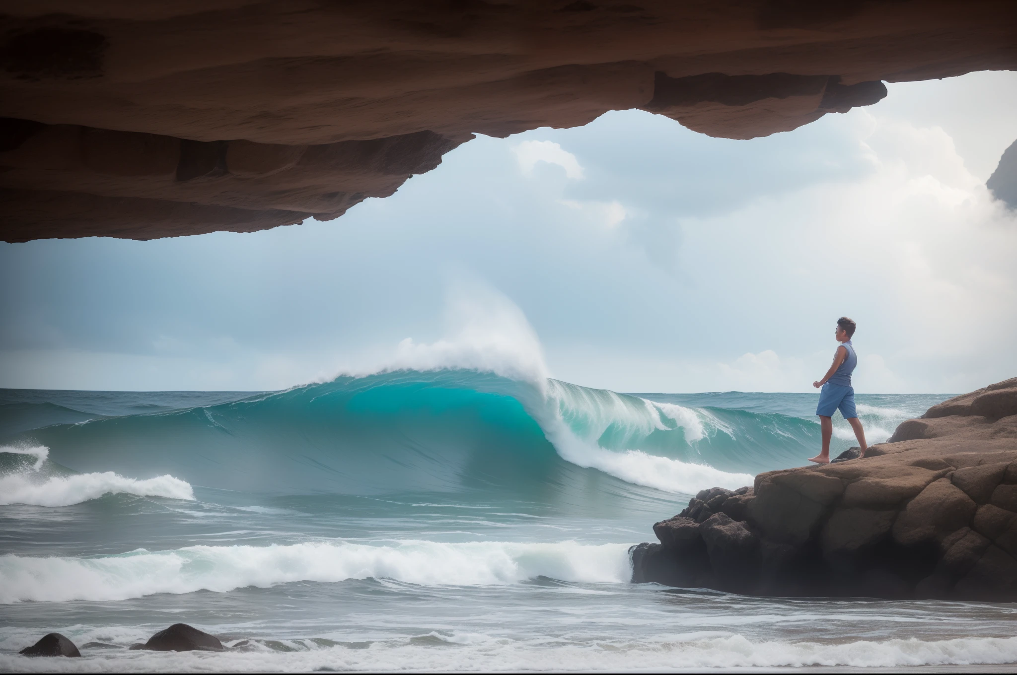 A young man on a rocky beach, wearing just bermudas and flip flops, he is under the natural eave made by an overhang rock, he is trying to protect his body from the hail and rain that fall from the sky. Big wave, rough water on the sea. Stormy weather, rain, hail. Illuminated by natural light, ray tracing.