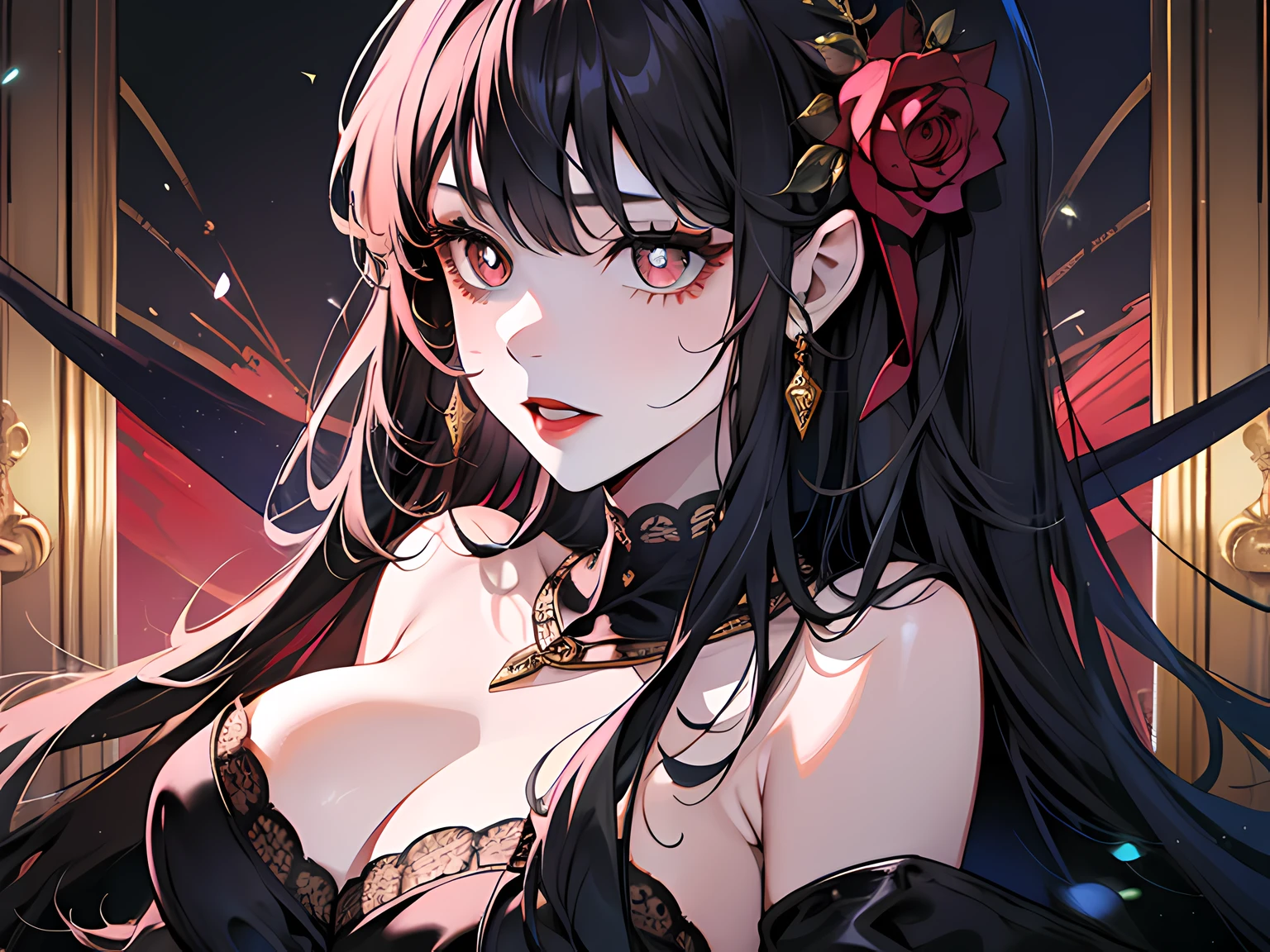 1 girl, Royal sister style, Black long hair, Black dress, Black pupils, Beautiful face, Red lips, high-end feeling, Noble