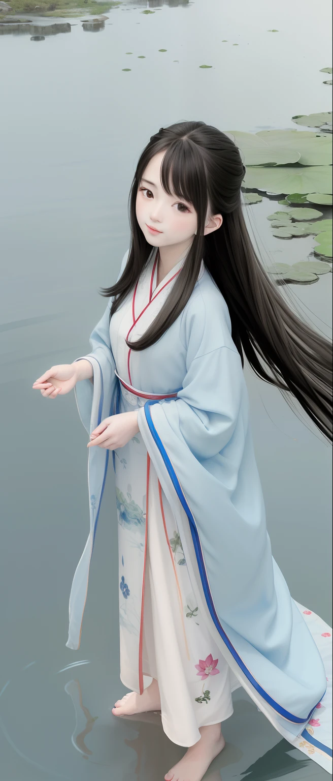 ((4k,masterpiece,best quality)), shuimobysim, Traditional chinese painting, lotuses, Hanfu, maxiskit, Dress conservatively 1girl, solo, blue long hair, ssmile, standing on your feet, Feet in the water, The barefoot,Unreal