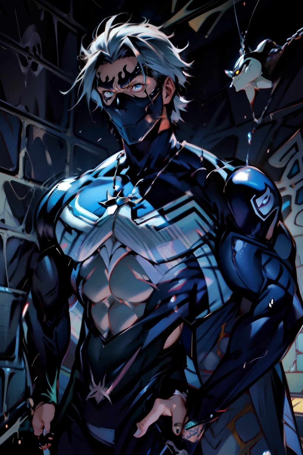 《the original god》Arataki Kazuto , male people， chest muscle， Sexy , Venom symbiote for your body, Black mucus of the body , into venom, venomize，Black bodysuit，（Cloak），Red cape，Abs，（Adult male）（（Venom possession，venom symbiote）），over-Tortoise Man，Battle damage，((Masterpiece)), ((Best quality)), Ultra detailed,((illustration)), Dynamic Angle, Detailed light, (Delicate eyes), Floating, 1boy, Male focus, Head, Clothing, Yellow eyes, necklace, tattoo, (Forehead:0.8), (ahoge:0.8), jewelry, brunette color hair,apathy，Ray， chest muscle， Sexy , Venom symbiote for your body, Black mucus of the body , （into venom）, Venom，frontage，Bust photo，White tight-fitting top，spiderman outfit，style of anime4 K， 4K anime wallpaper， Badass anime 8 K， 4 k comic wallpaper， young anime man， Anime boys， Anime wallpapers 4 k， Anime wallpaper 4K， High quality anime art style， Anime moe art style， Anime art wallpaper 8 K， Anime art wallpaper 4 K， RGB lighting，