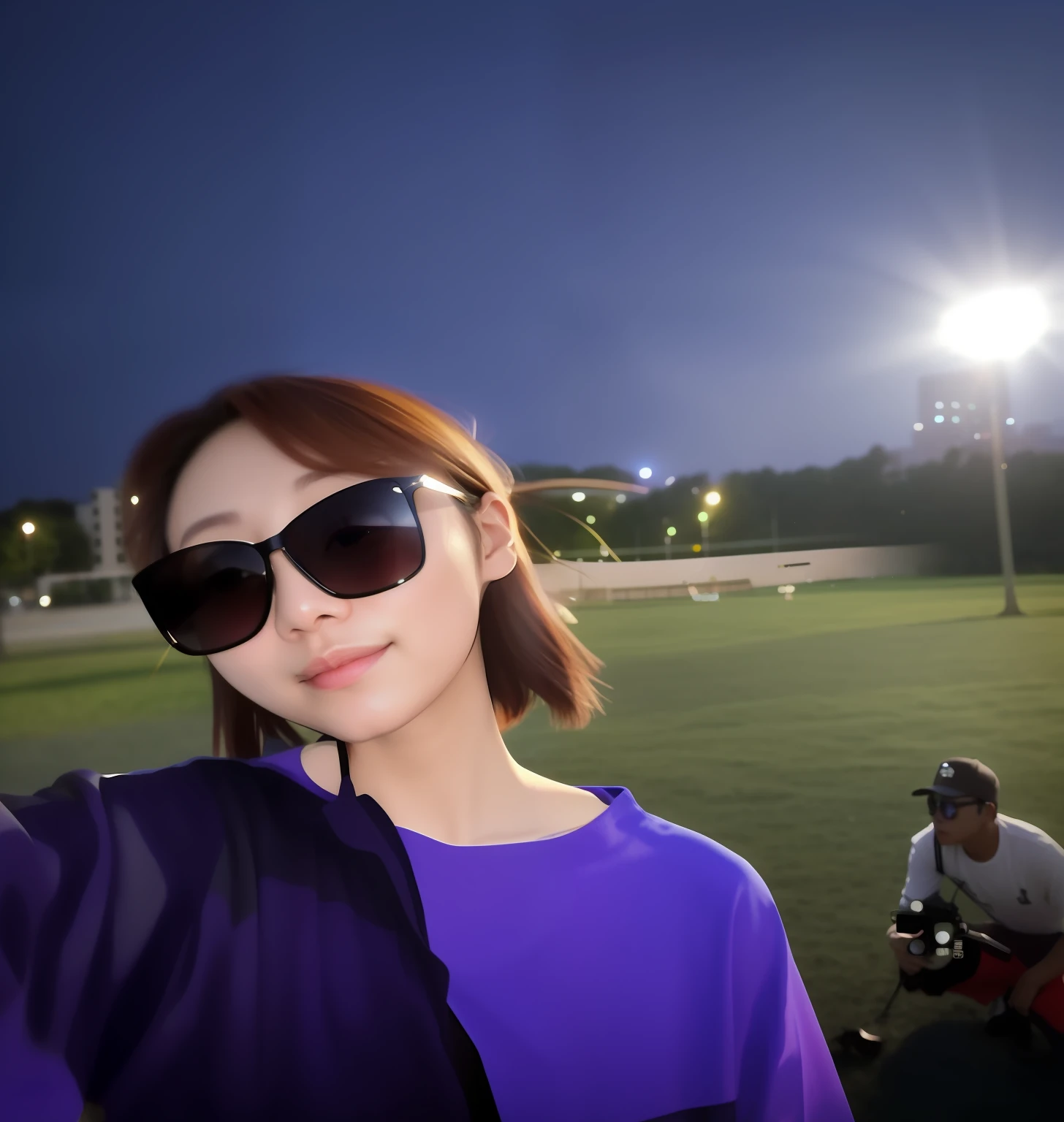 In the field stood a woman wearing sunglasses, 8k selfie photograph, sun yunjoo, park in background, with sunglass, f / 1. 9 6. 8 1 mm ISO 4 0, 8K 50mm ISO 10, xintong chen, wenfei ye, shin min jeong, Handsome girl, photo taken with canon 5d, personal profile picture