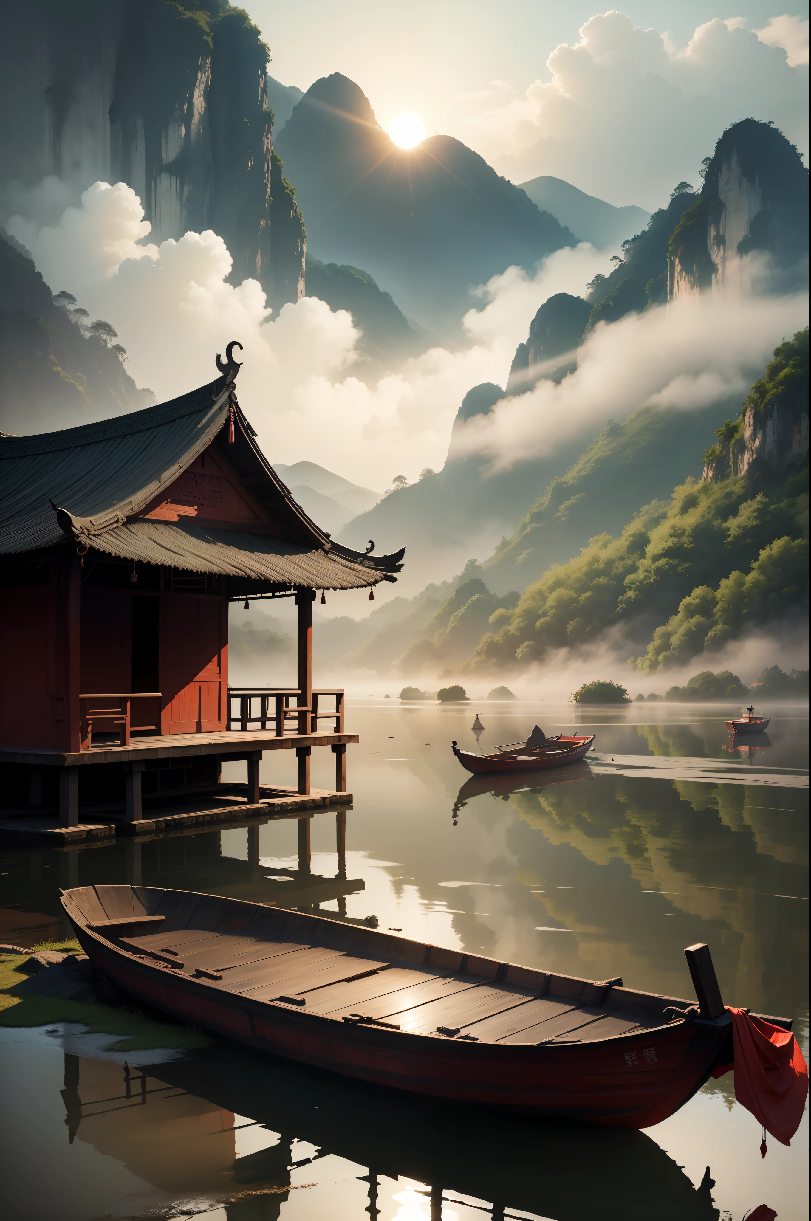 muted chinese ink painting scroll, muted colors, rice paper texture, splash paint, Ninh Binh town, boat, small red sun, fog Old cottage. Lakeside. Morning light. Clouds wet to wet techniques. perfect balance composition.