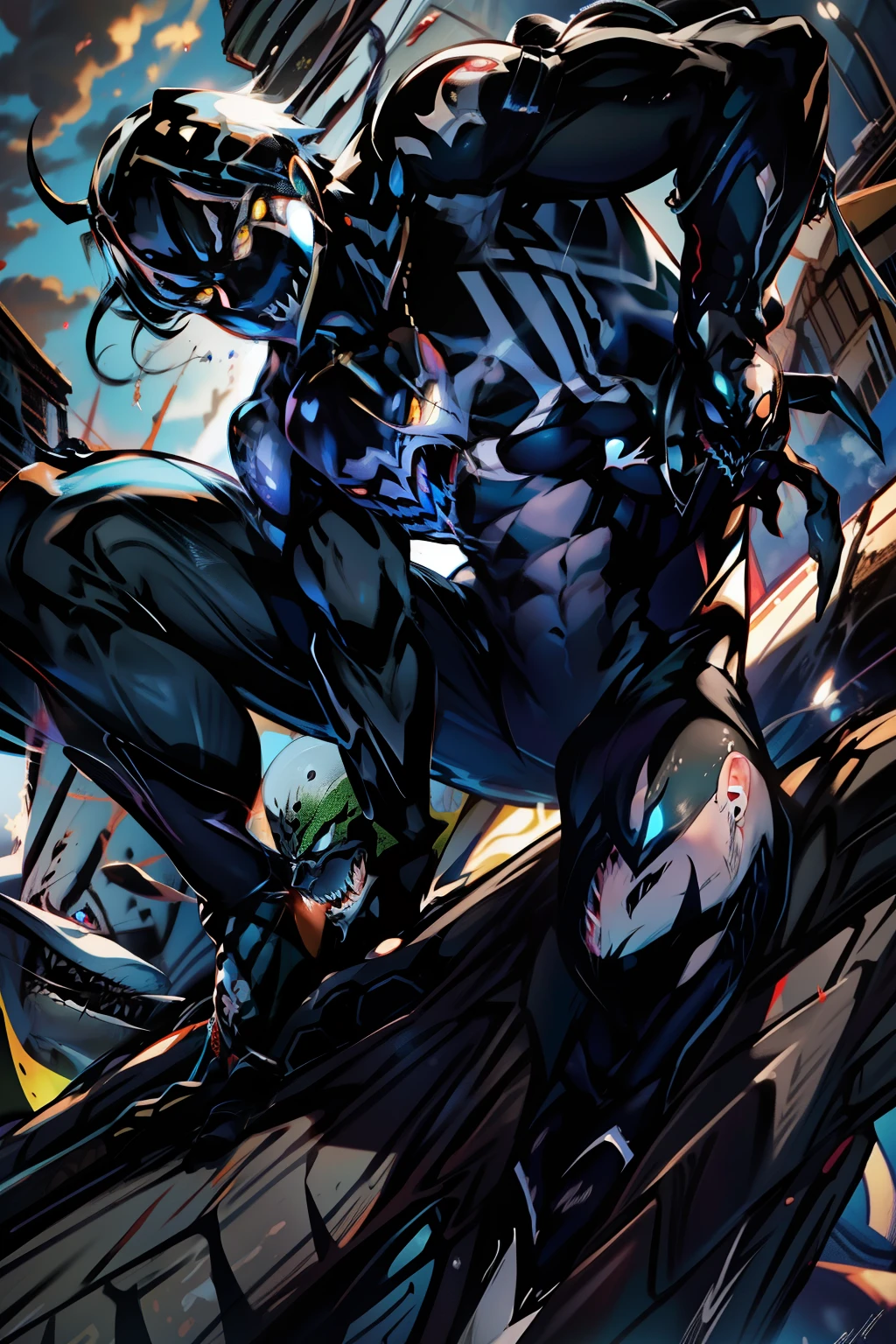 《the original god》Arataki Kazuto , male people, chest muscle, Sexy , Venom symbiote for your body, Black mucus of the body , into venom, venomize,Black bodysuit,(Cloak),Red cape,Abs,(Adult male)((Venom possession,venom symbiote)),over-Tortoise Man,Battle damage,((Masterpiece)), ((Best quality)), Ultra detailed,((illustration)), Dynamic Angle, Detailed light, (Delicate eyes), Floating, 1boy, Male focus, Head, Clothing, Yellow eyes, necklace, tattoo, (Forehead:0.8), (ahoge:0.8), jewelry, brunette color hair,apathy,Ray, chest muscle, Sexy , Venom symbiote for your body, Black mucus of the body , (into venom), Venom,frontage,Bust photo,White tight-fitting top,spiderman outfit,style of anime4 K, 4K anime wallpaper, Badass anime 8 K, 4 k comic wallpaper, young anime man, Anime boys, Anime wallpapers 4 k, Anime wallpaper 4K, High quality anime art style, Anime moe art style, Anime art wallpaper 8 K, Anime art wallpaper 4 K, RGB lighting,
