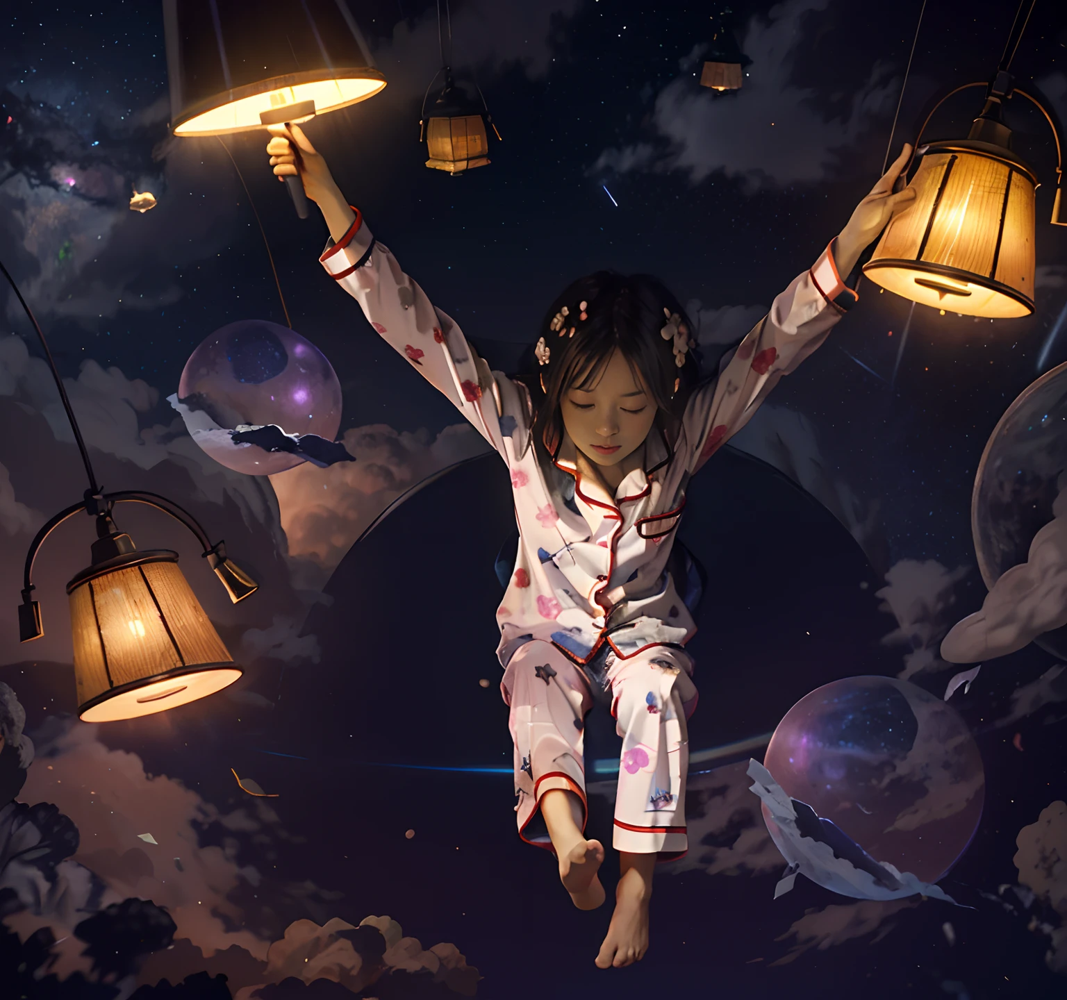 Expansive landscape photograph,(look from down,Above is the sky,Below are open fields),(Beautiful girl flying in the clouds:3),(The whole body flies in the air:2),(Wear pajamas with white floral patterns and a loose fit:2),(Saturn:1.2),(meteors:0.9),(Starcloud:1.3),Far Mountain, Tree BREAK making art,(Warm light source:1.2),(glowworm:1.2),lamp lights,Lots of purple and orange,Complicated details,Volumetric lighting BREAK(tmasterpiece:1.2),(best qualtiy),4K,ultra - detailed,(dynamic compositions:1.4),detail-rich,plethora of colors,(Irridescent color:1.2),(with light glowing,Atmospheric lighting),dream magical,magical,(独奏:1.2)