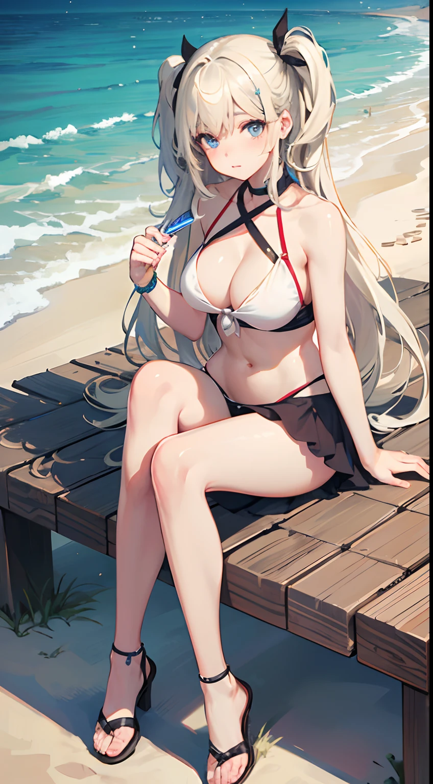 ((Best Quality)), (Ultra-detailed), ((Extremely detailed)), (Beautiful), ((Kawaii Girl)),(two side up hair).,Platinum Blonde Hair,Long hair, hair between eye, Wavy Hair, Long sideburns,Jade-colored eyes, White skin,Normal Chest,Slender body,Cross Halter Bikini,Sandals,Sitting,in beach,Look Camera