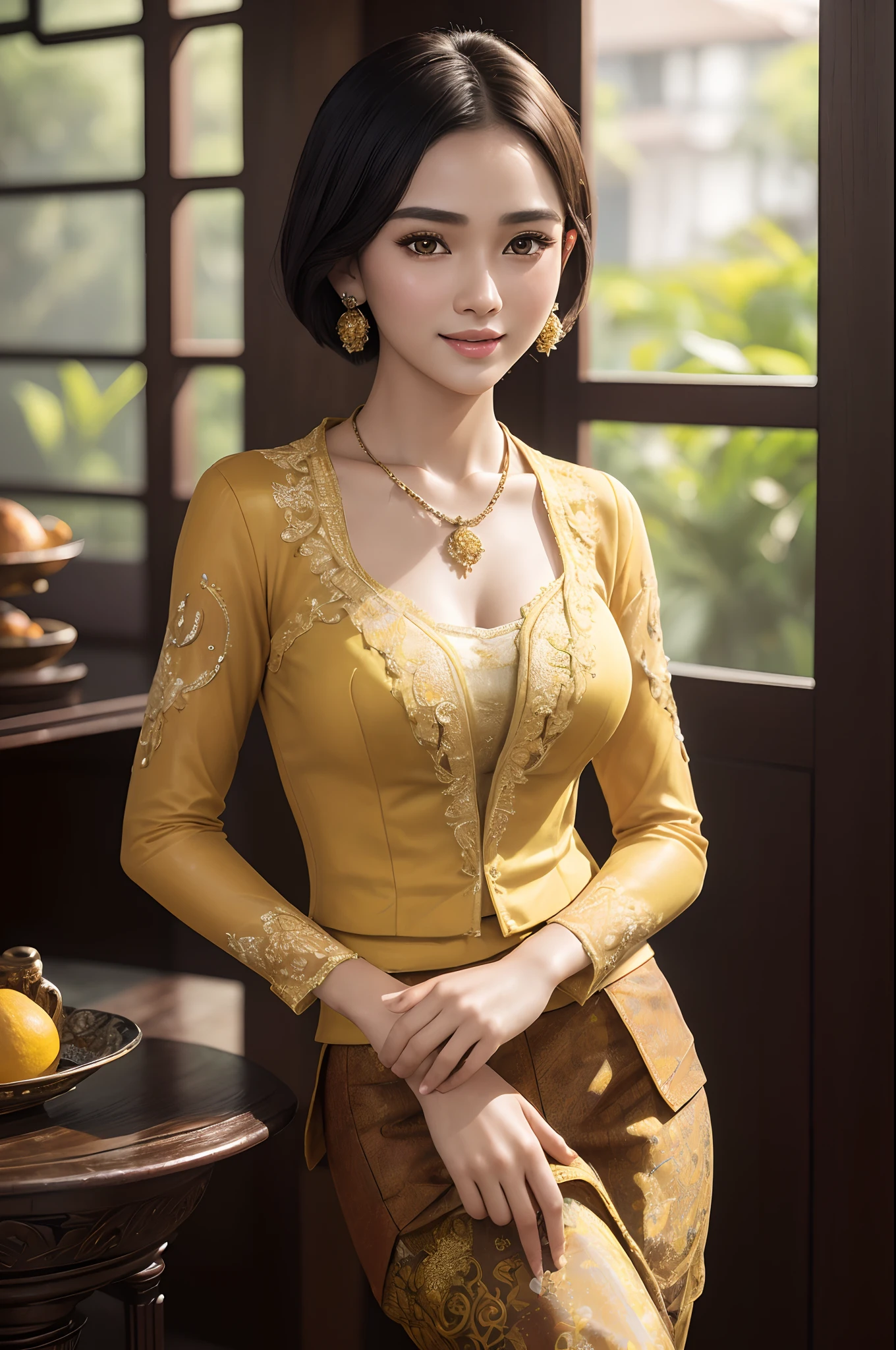 (realistic:1.3), insane detailed, quality, (masterpiece:1.2), (photorealistic:1.2), (best quality), (detailed skin:1.3), (intricate details), ray tracing, ((half body)), (((1girl))), (((1 person))), 20 years old, short hair, smile, yellow clothes, dark brown skirt with pattern, skirt pattern, earrings, necklace, Javanese ornament, (blurred background)