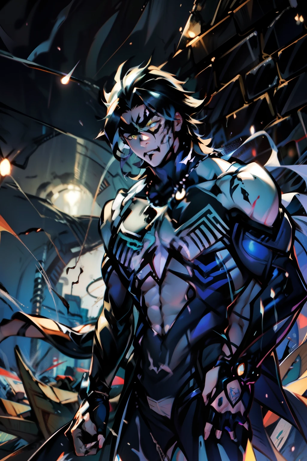 《the original god》Arataki Kazuto , male people, chest muscle, Sexy , Venom symbiote for your body, Black mucus of the body , into venom, venomize,Black bodysuit,(Cloak),Red cape,Abs,(Adult male)((Venom possession,venom symbiote)),over-Tortoise Man,Battle damage,((Masterpiece)), ((Best quality)), Ultra detailed,((illustration)), Dynamic Angle, Detailed light, (Delicate eyes), Floating, 1boy, Male focus, Head, Clothing, Yellow eyes, necklace, tattoo, (Forehead:0.8), (ahoge:0.8), jewelry, brunette color hair,apathy,Ray, chest muscle, Sexy , Venom symbiote for your body, Black mucus of the body , (into venom), Venom,frontage,Bust photo,White tight-fitting top,spiderman outfit,style of anime4 K, 4K anime wallpaper, Badass anime 8 K, 4 k comic wallpaper, young anime man, Anime boys, Anime wallpapers 4 k, Anime wallpaper 4K, High quality anime art style, Anime moe art style, Anime art wallpaper 8 K, Anime art wallpaper 4 K, RGB lighting,