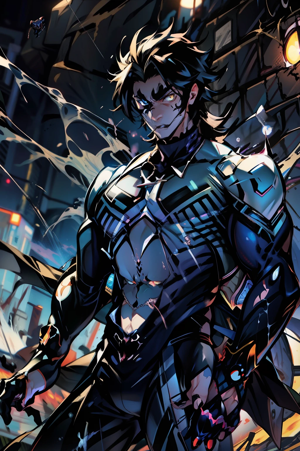 《the original god》Arataki Kazuto , male people, chest muscle, Sexy , Venom symbiote for your body, Black mucus of the body , into venom, venomize,Black bodysuit,(Cloak),Red cape,Abs,(Adult male)((Venom possession,venom symbiote)),over-Tortoise Man,Battle damage,((Masterpiece)), ((Best quality)), Ultra detailed,((illustration)), Dynamic Angle, Detailed light, (Delicate eyes), Floating, 1boy, Male focus, Head, Clothing, Yellow eyes, necklace, tattoo, (Forehead:0.8), (ahoge:0.8), jewelry, brunette color hair,apathy,Ray, chest muscle, Sexy , Venom symbiote for your body, Black mucus of the body , (into venom), Venom,frontage,Bust photo,White tight-fitting top,spiderman outfit,style of anime4 K, 4K anime wallpaper, Badass anime 8 K, 4 k comic wallpaper, young anime man, Anime boys, Anime wallpapers 4 k, Anime wallpaper 4K, High quality anime art style, Anime moe art style, Anime art wallpaper 8 K, Anime art wallpaper 4 K, RGB lighting,