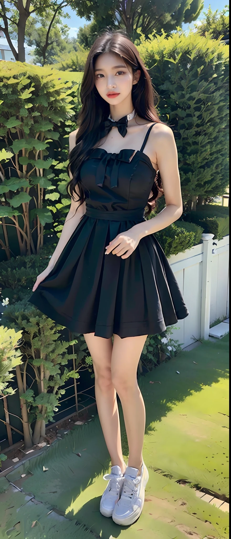 ((Best Quality, 8K, Masterpiece: 1.3)), Sharp, Perfect Body Beauty, slender thigh, Slim, ((black wavy hair, bow hair)), (Mini gowns on sneakers), (standing), (garden), Highly Detailed Face and Skin Texture, Detailed Eyes, Double Eyelids