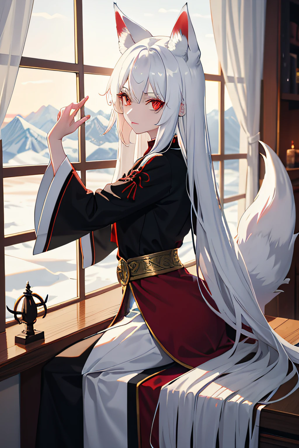 nine tail fox,White hair,Red eyes,sitted,Fantasy clothes,Mountains outside the window at dawn,