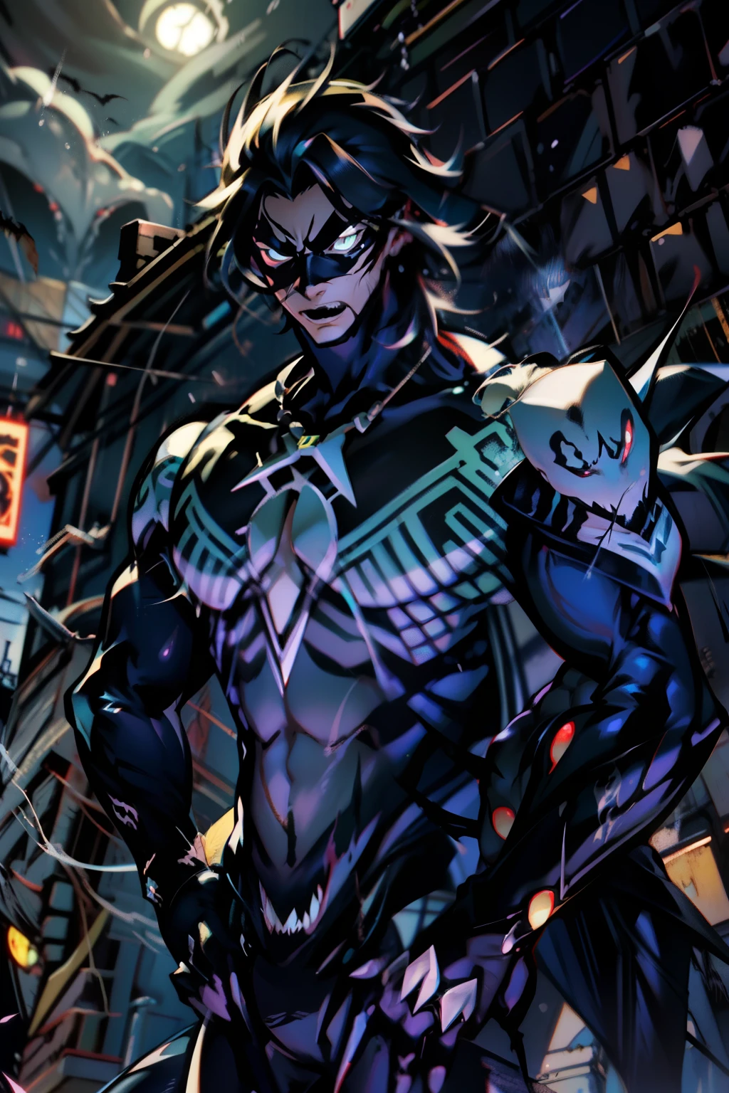 《the original god》Arataki Kazuto , male people, chest muscle, Sexy , Venom symbiote for your body, Black mucus of the body , into venom, venomize,Black bodysuit,(Cloak),Red cape,Abs,(Adult male)((Venom possession,venom symbiote)),over-Tortoise Man,Battle damage,((Masterpiece)), ((Best quality)), Ultra detailed,((illustration)), Dynamic Angle, Detailed light, (Delicate eyes), Floating, 1boy, Male focus, Head, Clothing, Yellow eyes, necklace, tattoo, (Forehead:0.8), (ahoge:0.8), jewelry, brunette color hair,apathy,Ray, chest muscle, Sexy , Venom symbiote for your body, Black mucus of the body , (into venom), Venom,frontage,Bust photo,White tight-fitting top,spiderman outfit,style of anime4 K, 4K anime wallpaper, Badass anime 8 K, 4 k comic wallpaper, young anime man, Anime boys, Anime wallpapers 4 k, Anime wallpaper 4K, High quality anime art style, Anime moe art style, Anime art wallpaper 8 K, Anime art wallpaper 4 K, RGB lighting,