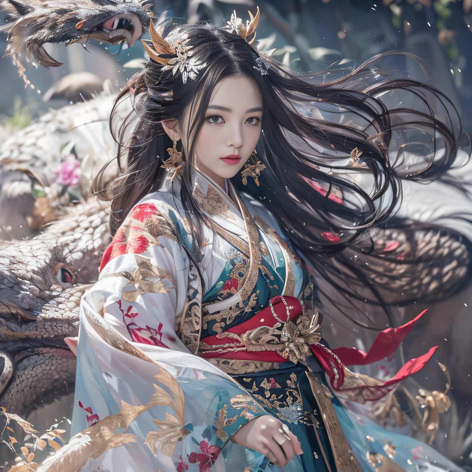 32K(tmasterpiece,k hd,hyper HD,16k)Flowing short hair,Backroom pond,zydink, a color, Asian people (Female Student), (Silk scarf), Combat posture, looking at viewert, long whitr hair, Floating hair, Hanfu, Chinese clothes, longer sleeves, (abstract ink splash:1.2), white backgrounid,Kirin Beast Protector (realisticlying:1.4),,Snowflakes fluttering,The background is pure, A high resolution, the detail, RAW photogr, Sharp Re, Nikon D850 Film Stock Photo by Jefferies Lee 4 Kodak Portra 400 Camera F1.6 shots, Rich colors, ultra-realistic vivid textures, Dramatic lighting, Unreal Engine Art Station Trend, cinestir 800,