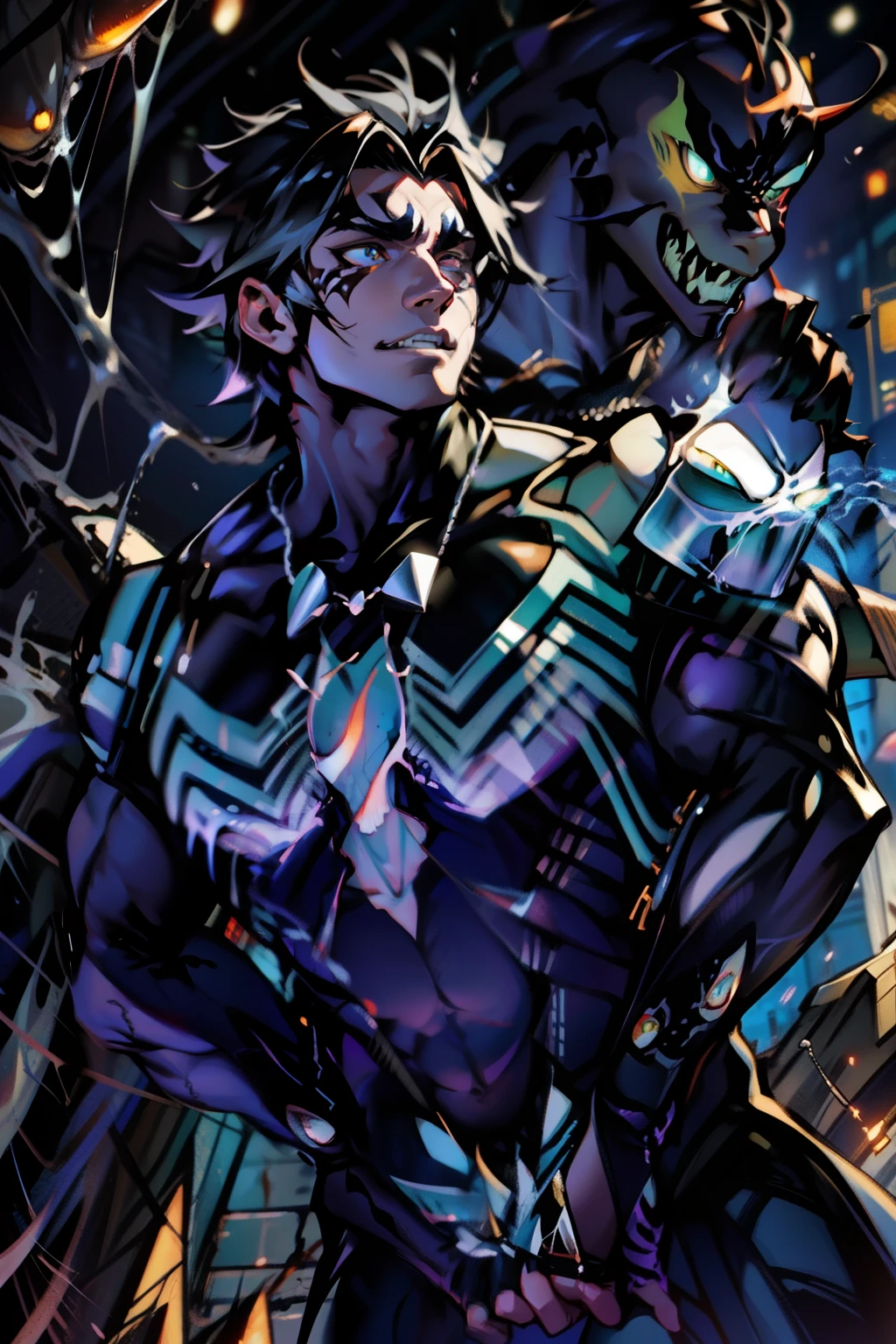 《the original god》Arataki Kazuto , male people, chest muscle, Sexy , Venom symbiote for your body, Black mucus of the body , into venom, venomize,Black bodysuit,(Cloak),Red cape,Abs,(Adult male)((Venom possession,venom symbiote)),over-Tortoise Man,Battle damage,((Masterpiece)), ((Best quality)), Ultra detailed,((illustration)), Dynamic Angle, Detailed light, (Delicate eyes), Floating, 1boy, Male focus, Head, Clothing, Yellow eyes, necklace, tattoo, (Forehead:0.8), (ahoge:0.8), jewelry, brunette color hair,apathy,Ray, chest muscle, Sexy , Venom symbiote for your body, Black mucus of the body , (into venom), Venom,frontage,Bust photo,White tight-fitting top,spiderman outfit,style of anime4 K, 4K anime wallpaper, Badass anime 8 K, 4 k comic wallpaper, young anime man, Anime boys, Anime wallpapers 4 k, Anime wallpaper 4K, High quality anime art style, Anime moe art style, Anime art wallpaper 8 K, Anime art wallpaper 4 K, RGB lighting,