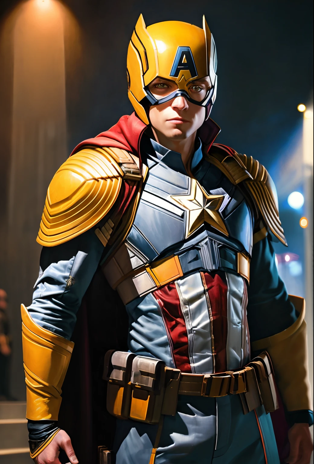 (Best quality),(masterpiece),(ultra detailed),(high detailed),(extremely detailed),full body shot of captain america in Yellow armour style suit, no mask on, white cape, looking at center camera, perfect composition, beautiful detailed intricate insanely detailed octane render trending on artstation, 8 k artistic photography, photorealistic concept art, soft natural volumetric cinematic perfect light, chiaroscuro, award - winning photograph, masterpiece, oil on canvas, raphael, caravaggio, greg rutkowski, beeple, beksinski, giger, trending on artstation, sharp focus, studio photo, intricate details, highly detailed, night city background, by greg rutkowski