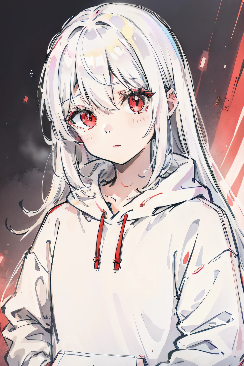 White hair, red eyes, wearing a sweatshirt woman