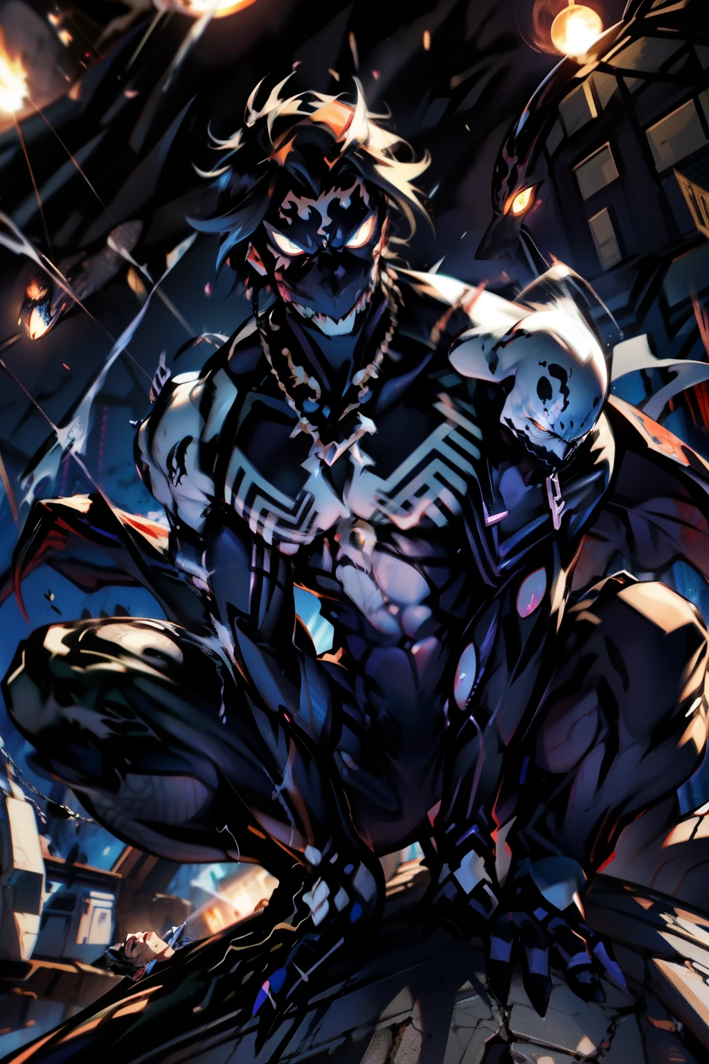 《the original god》Arataki Kazuto , male people， chest muscle， Sexy , Venom symbiote for your body, Black mucus of the body , into venom, venomize，Black bodysuit，（Cloak），Red cape，Abs，（Adult male）（（Venom possession，venom symbiote）），over-Tortoise Man，Battle damage，((Masterpiece)), ((Best quality)), Ultra detailed,((illustration)), Dynamic Angle, Detailed light, (Delicate eyes), Floating, 1boy, Male focus, Head, Clothing, Yellow eyes, necklace, tattoo, (Forehead:0.8), (ahoge:0.8), jewelry, brunette color hair,apathy，Ray， chest muscle， Sexy , Venom symbiote for your body, Black mucus of the body , （into venom）, Venom，frontage，Bust photo，White tight-fitting top，spiderman outfit，style of anime4 K， 4K anime wallpaper， Badass anime 8 K， 4 k comic wallpaper， young anime man， Anime boys， Anime wallpapers 4 k， Anime wallpaper 4K， High quality anime art style， Anime moe art style， Anime art wallpaper 8 K， Anime art wallpaper 4 K， RGB lighting，