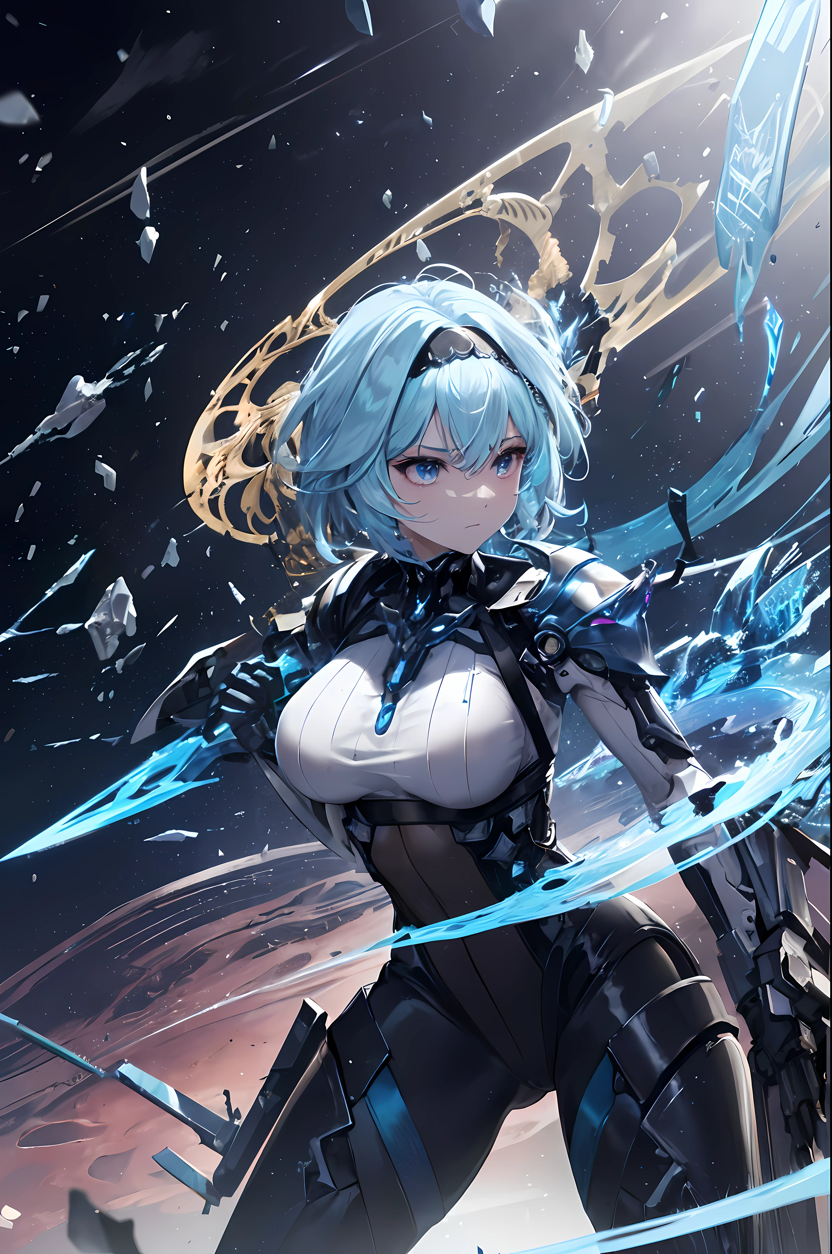 light particles, halo, (bioluminescent:0.95), bioluminescent, piercing glare, vibrant, (((colourful))), color, (glowing, glow), reflection light, depth of field, from behind, multiple views, delicated best quality, (((masterpiece))), ((best quality)), ((ultra-detailed)), (CG illustration), (an extremely devious and beautiful)), cinematic light, ((1 mechanical girl)), (light blue hair), (ribbon, in the hair), (short hair), (crown), (blue eyes), (glowing eye), (great sword in hand), single, full, mechanical halo,star halo,intricate mechanical bodysuit, mecha corset, (full armor), (machine-made joints: 1.4), ((mechanical limbs)), ( blood vessels attached to the tube), ((mechanical spine attached to the back)), ((mechanical cervical vertebrae attached to the neck), ((combat stance)), expressionless, (wires and cables attached to the head and body: 1.5), (character focus), science fiction, apocalypse, glow, (full shoot body:1.1)