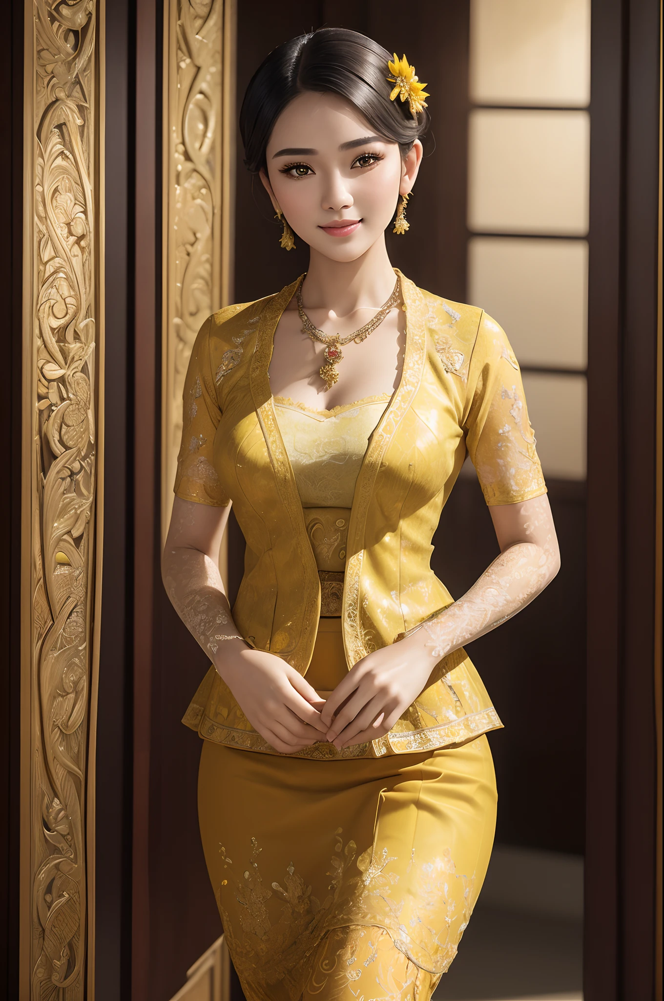 (realistic:1.3), insane detailed, quality, (masterpiece:1.2), (photorealistic:1.2), (best quality), (detailed skin:1.3), (intricate details), ray tracing, ((half body)), (((1girl))), (((1 person))), 20 years old, short hair, smile, yellow clothes, dark brown skirt with pattern, skirt pattern, earrings, necklace, Javanese ornament, (blurred background)