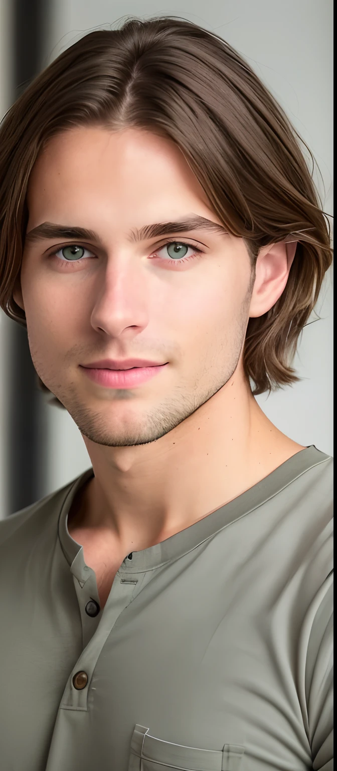 Straight hair, fair skin tone, green eyes, brown hair, 26 year old male, gray shirt