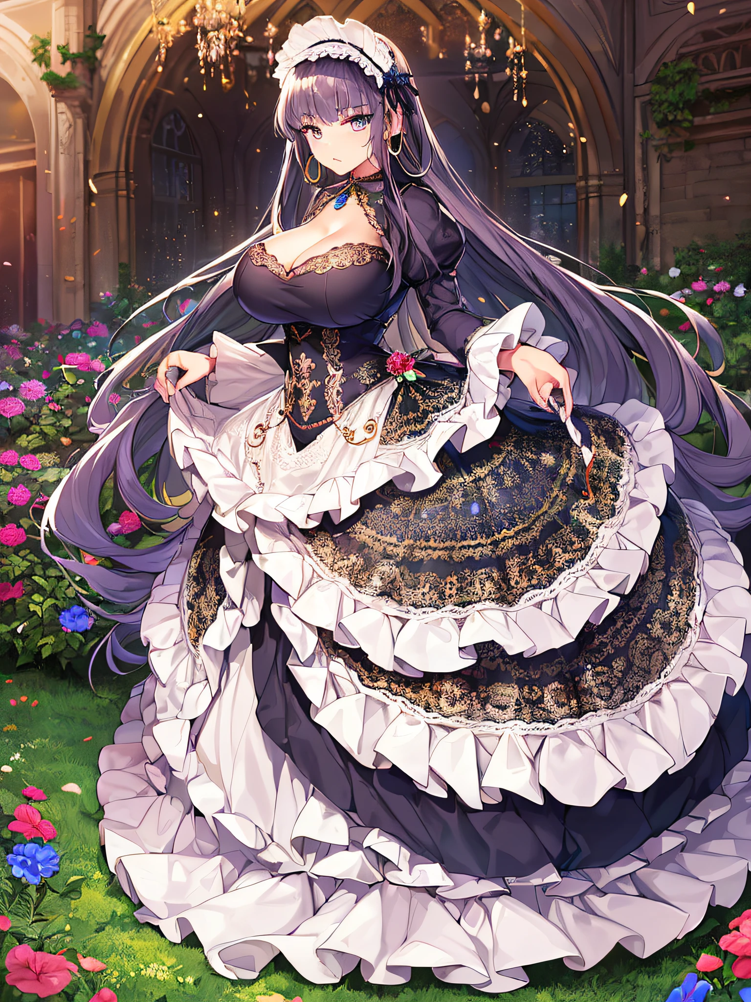 ((anime artstyle)),(Masterpiece),(Best Quality), (Super Detail),((Very Delicate and Beautiful)),(((Solo))),((full body)),(((1 princess in beautiful embroidery gorgeous lolita dress with voluminous full length hoop skirt))),ornate ruffles,((standing in garden)),Long train,(bling-bling gorgeous gemstone jewelry),detailed face and eyes,jewel-like eyes,cry,((large amount of straight hair,extremely voluminous Very Long Straight Hair)),((gigantic tits,Long tits)),cleavage,(gorgeousfull embroidery and lace),gorgeous corsage,See-through,(extremely gorgeousfull lolita hair ornament)),bling-bling extremely gorgeousfull jeweled tiara,(hoop skirt,crinoline),flowers, flower petals flowing,((Dynamic Angle)),Looking at viewer,((full body)),((extremely gorgeous  lolita dress with voluminous full length hoop skirt))