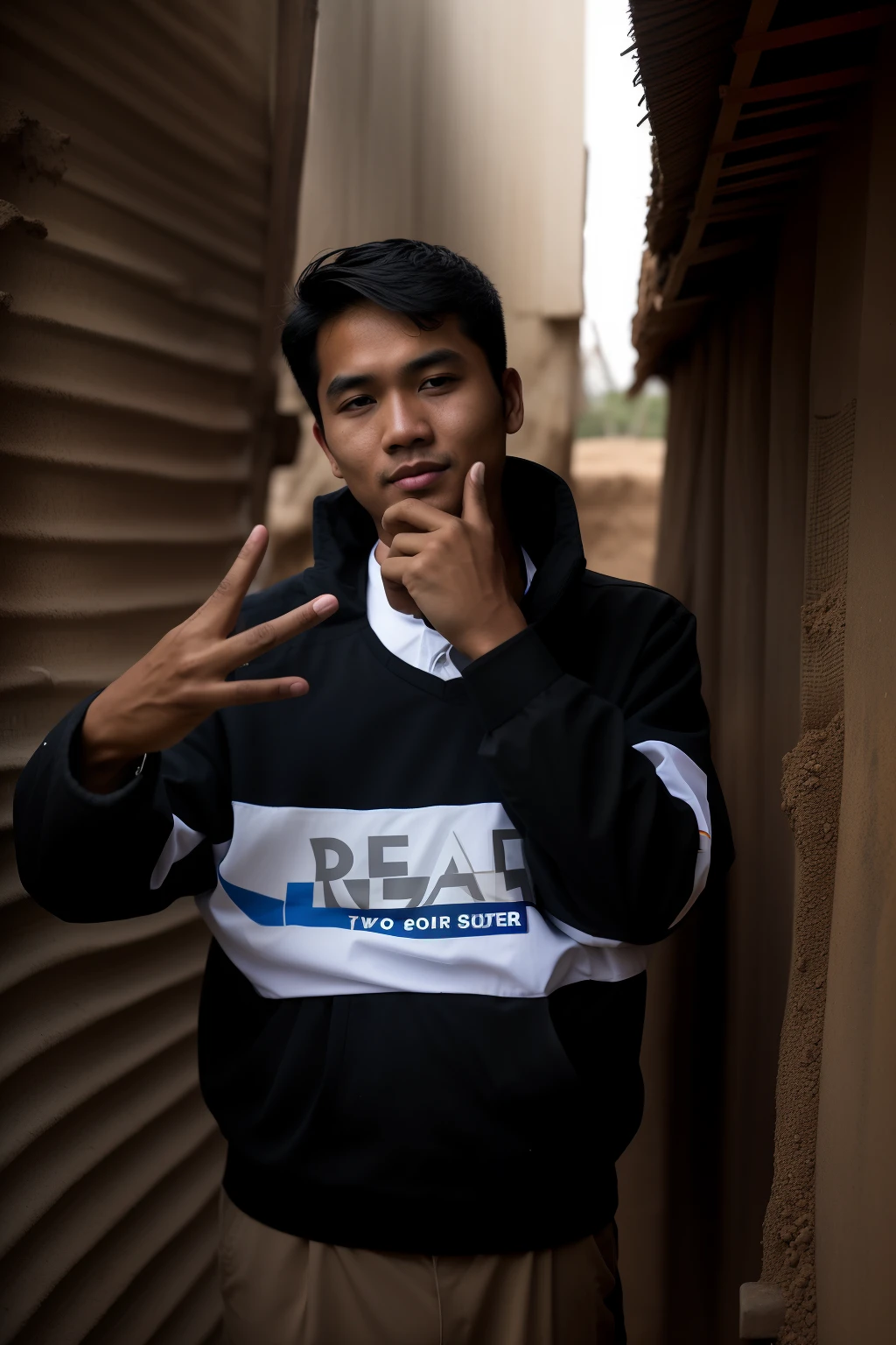 there is a man standing in the dirt with his hand up, thawan duchanee, nivanh chanthara, in style of thawan duchanee, potrait, portait image, protrait, ramil sunga, with index finger, around 1 9 , inspired by I Ketut Soki, in style of lam manh