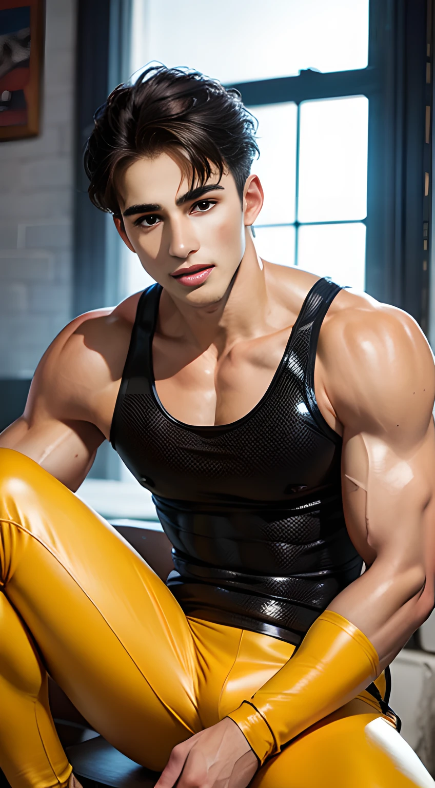 ((Men only)), (head shot), (tanned black handsome muscular young man in his 20s), (wearing a yellow outfit), (Pietro Boselli), yellow hair, Mischievous smile, (detaile: 1 in 1), Natural muscles, HIG quality, beautidful eyes, (Detailed face and eyes), (Face、: 1 / 2), Noise, Real Photographics、... ................................................................................................................PSD, Sharp Focus, High resolution 8K, realisitic & Professional Photography, 8K UHD, Soft lighting, High quality, Film grain, FujifilmXT3