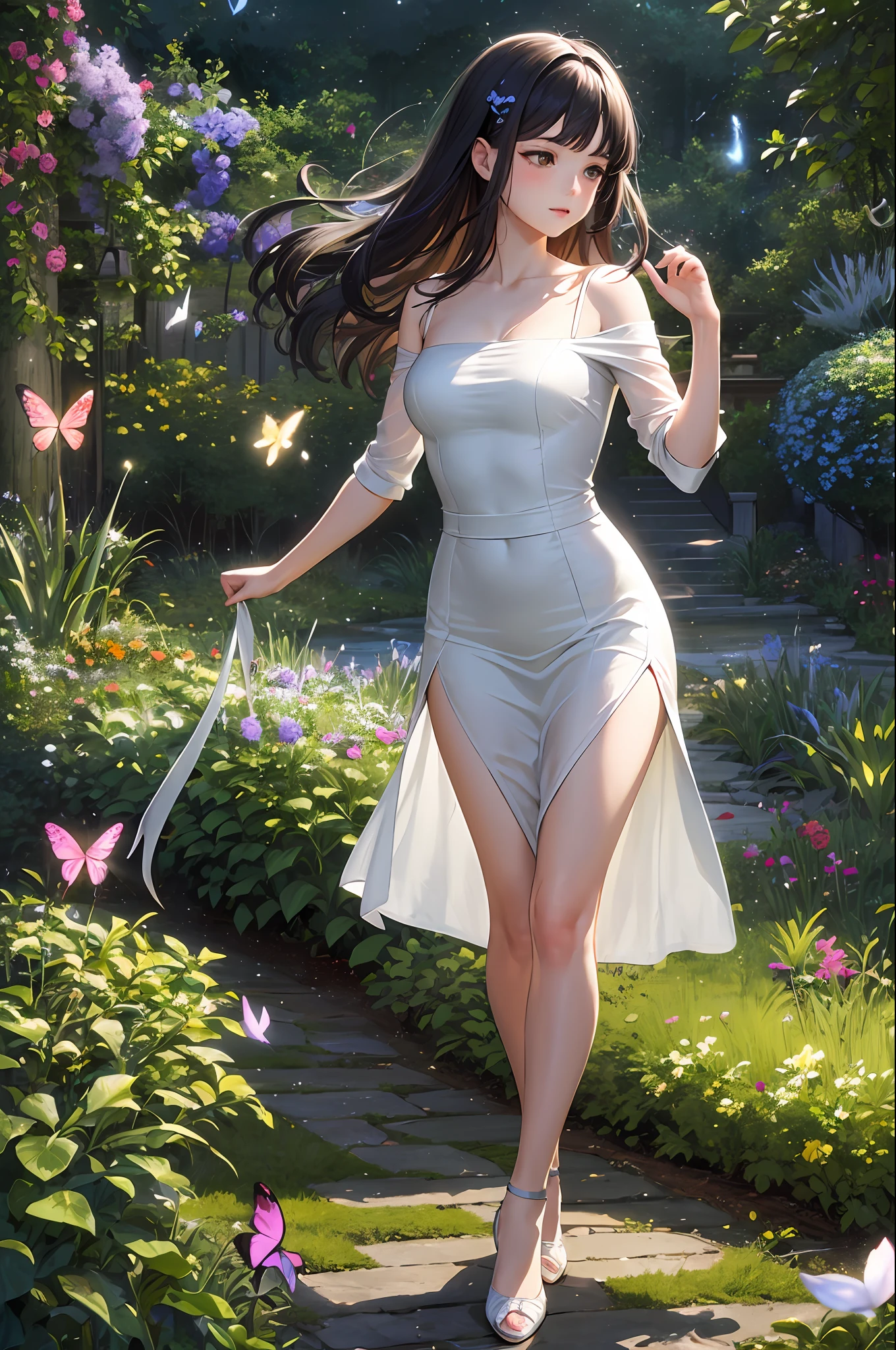 1girl, solo, full body, (masterpiece:1.21), (best quality:1.2), colorful, (illustration:1.2), (cinematic lighting:1.1), (bare shoulders:1.21), (collarbone:1.21)
In this whimsical and fantastical garden, the scene is illuminated by a rainbow of (colorful fireflies), dancing and fluttering in the air. The garden is decorated by a gentle (drizzle), creating a misty and ethereal atmosphere. In the center of the scene, there is a single girl, an extremely delicate and beautiful girl, with cute features and an innocent expression. Her long hair is flowing with the wind. She is wearing no shoulder straps dress, which is ultra low cut, highlighting her delicate curves.
The lighting is very delicate and beautiful, creating a soft and warm glow that highlights the water, making it sparkle like diamonds. The finest grass is also illuminated, creating a lush and verdant carpet. The garden is surrounded by colorful flower fields, with blooms of every color and shape. (Colorful butterflies), of every shade and size, can be seen fluttering around the scene, adding to the overall sense of wonder and magic. (look ai viewer),A blush can be seen on her nose, and her mouth is slightly open, adding to the overall sense of innocence and youthfulness. Falling petals can be seen floating around her, adding to the overall sense of romance and beauty. A gentle wind is blowing through the scene, making the leaves rustle and the flowers sway, adding to the overall sense of movement and life. This is a scene of pure wonder and magic, filled with color and beauty, where the viewer can lose themselves in the enchanting and captivating world.