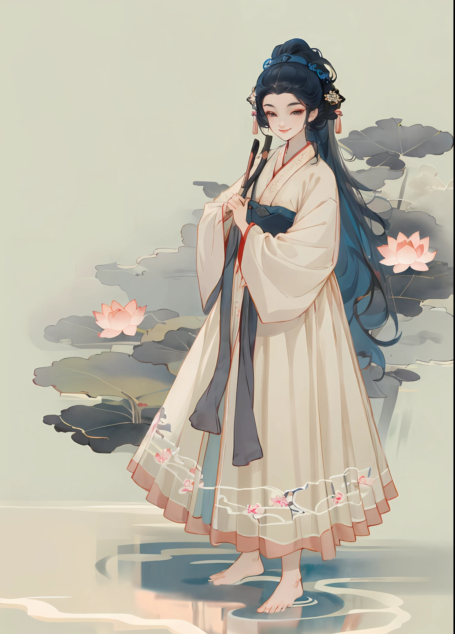 ((4k,masterpiece,best quality)), shuimobysim, traditional chinese ink painting, lotus, hanfu, maxiskit, dress conservatively 1girl, solo, long blue hair, smile, standing, feet in the water, barefoot,