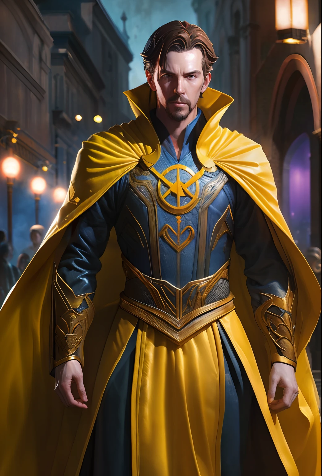 (Best quality),(masterpiece),(ultra detailed),(high detailed),(extremely detailed),full body shot of Doctor strange in Yellow armour style suit, no mask on, white cape, looking at center camera, perfect composition, beautiful detailed intricate insanely detailed octane render trending on artstation, 8 k artistic photography, photorealistic concept art, soft natural volumetric cinematic perfect light, chiaroscuro, award - winning photograph, masterpiece, oil on canvas, raphael, caravaggio, greg rutkowski, beeple, beksinski, giger, trending on artstation, sharp focus, studio photo, intricate details, highly detailed, night city background, by greg rutkowski