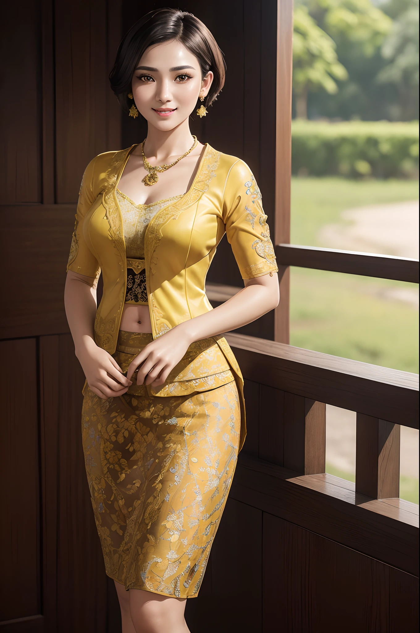 (realistic:1.3), insane detailed, quality, (masterpiece:1.2), (photorealistic:1.2), (best quality), (detailed skin:1.3), (intricate details), ray tracing, ((half body)), (((1girl))), (((1 person))), 20 years old, short hair, smile, yellow clothes, dark brown skirt with pattern, skirt pattern, earrings, necklace, Javanese ornament, (blurred background)
