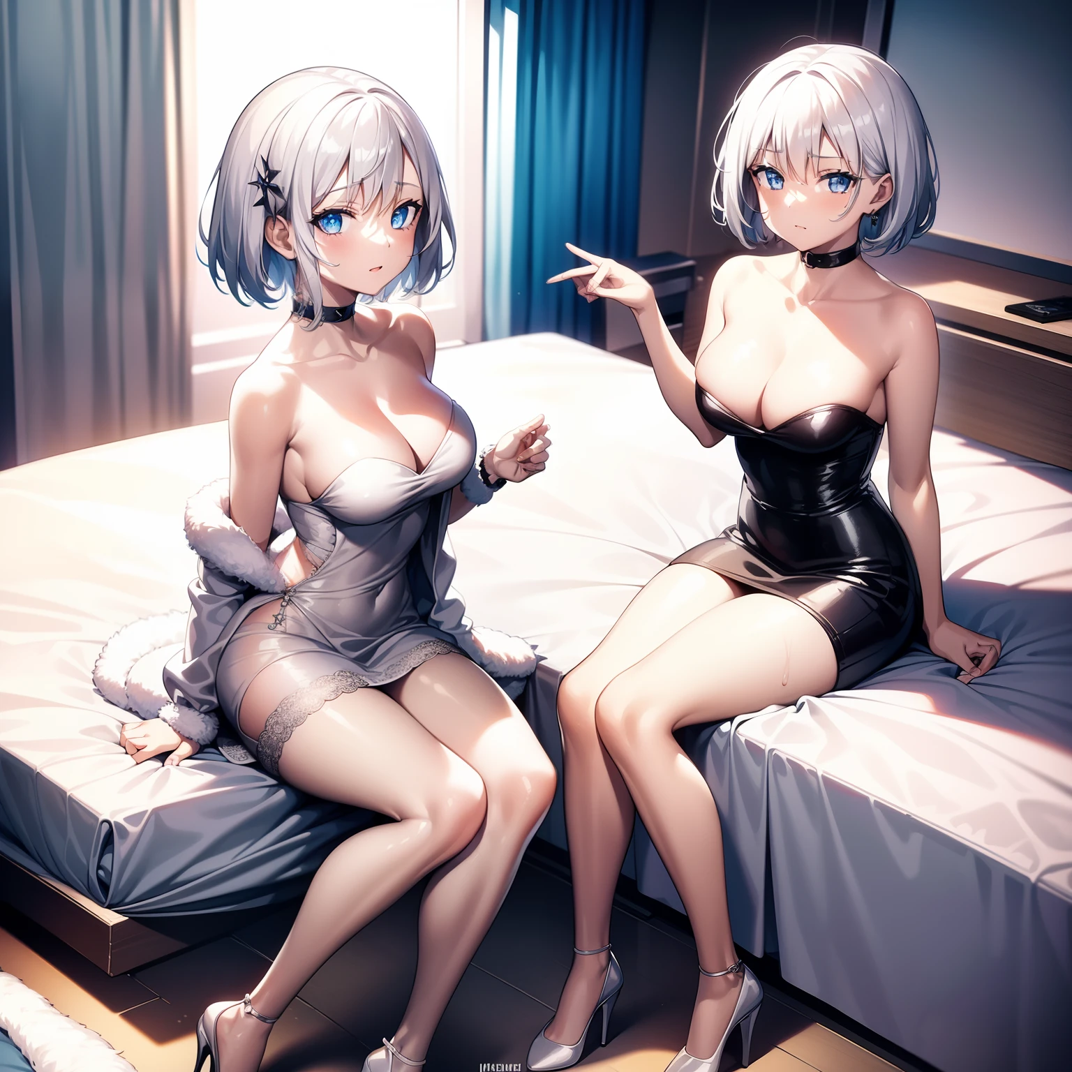 1 Girl, Medium breast, Beautiful Eyes and Face, Full Body, Short White Hair, High heels, Bedroom, Gray Long dress, sitting on bed