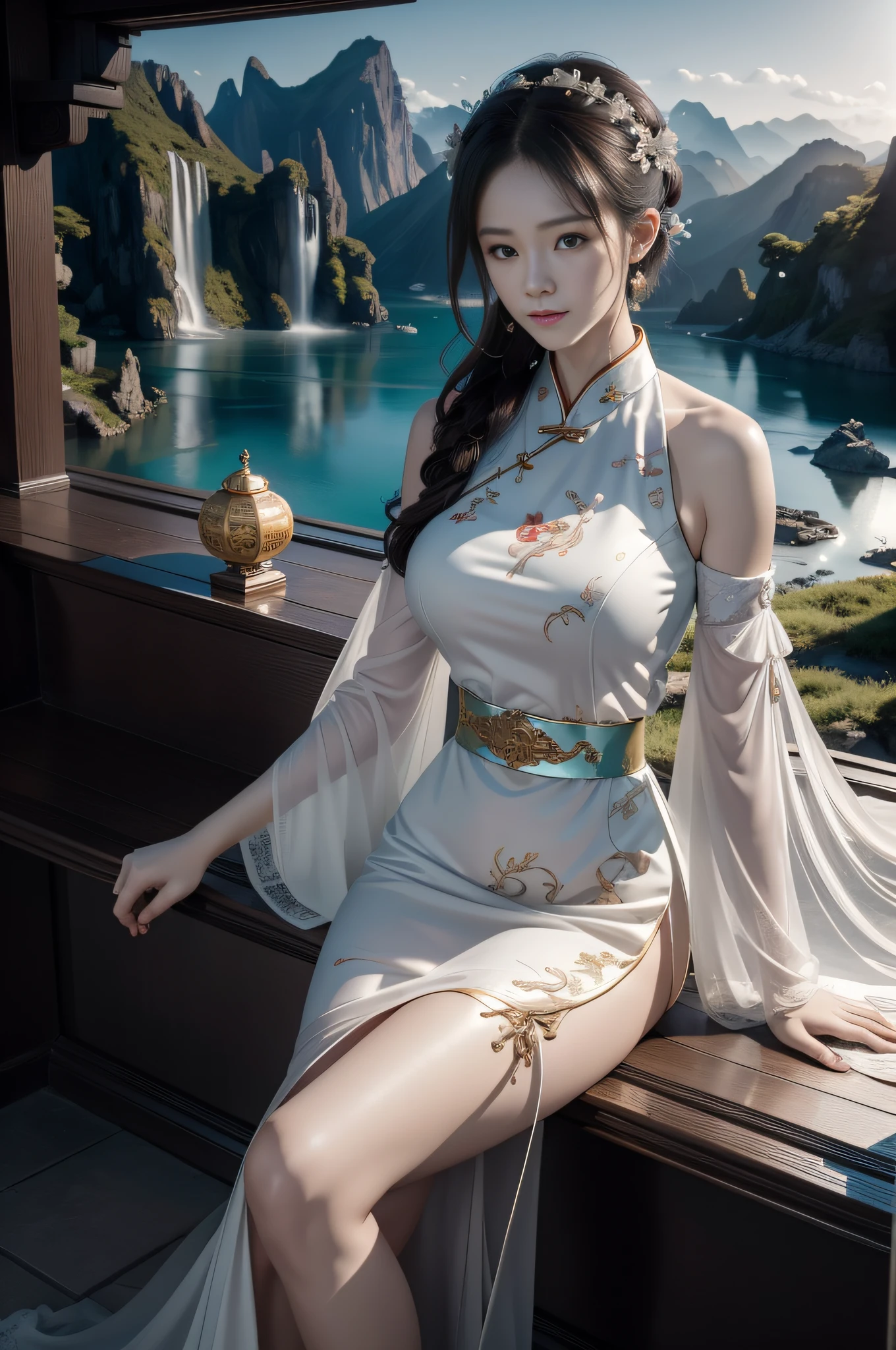 Immersive CG scenes，Brilliant composition，(The distant mountains are ethereal)，sheer cliffs，(Leaning on the railing), Hantan Falls，Magnificent and spectacular sea，Mysterious and distant mountains，(Chinese architecture with garden landscape with pool)，(A bridge and flowing water for all four times)，Little Nezha is brave and powerful，(Heroic)，Mixed sky Aya silver white crystalline，The Qiankun circle is shining，(legendary)The magic props are fascinating，Hot Wheels are as crazy as a dragon，(Cool special effects)It's exciting，White Dragon(Elegant and gentle)，The ink style complements the Chinese style，Let you involuntarily immerse yourself。Works of masters，wallpaper hd，very wide angle shot，Highest image quality，tmasterpiece，Warm colors are pastel，Charming temperament，extremy detailed，Precise hand structure，Beautiful CG，Extremely delicate facial depiction，Exquisite and perfect dream scene，dingdall effect，cinematric light，Sideslit，ln the forest，mist，Chinese style CG character，The whole picture permeates softness、holy、Natural and fresh atmosphere。Show a(Elegant temperament)。Meticulous(the detail)Renders，The perfect interpretation of the world of martial arts。CG quality，