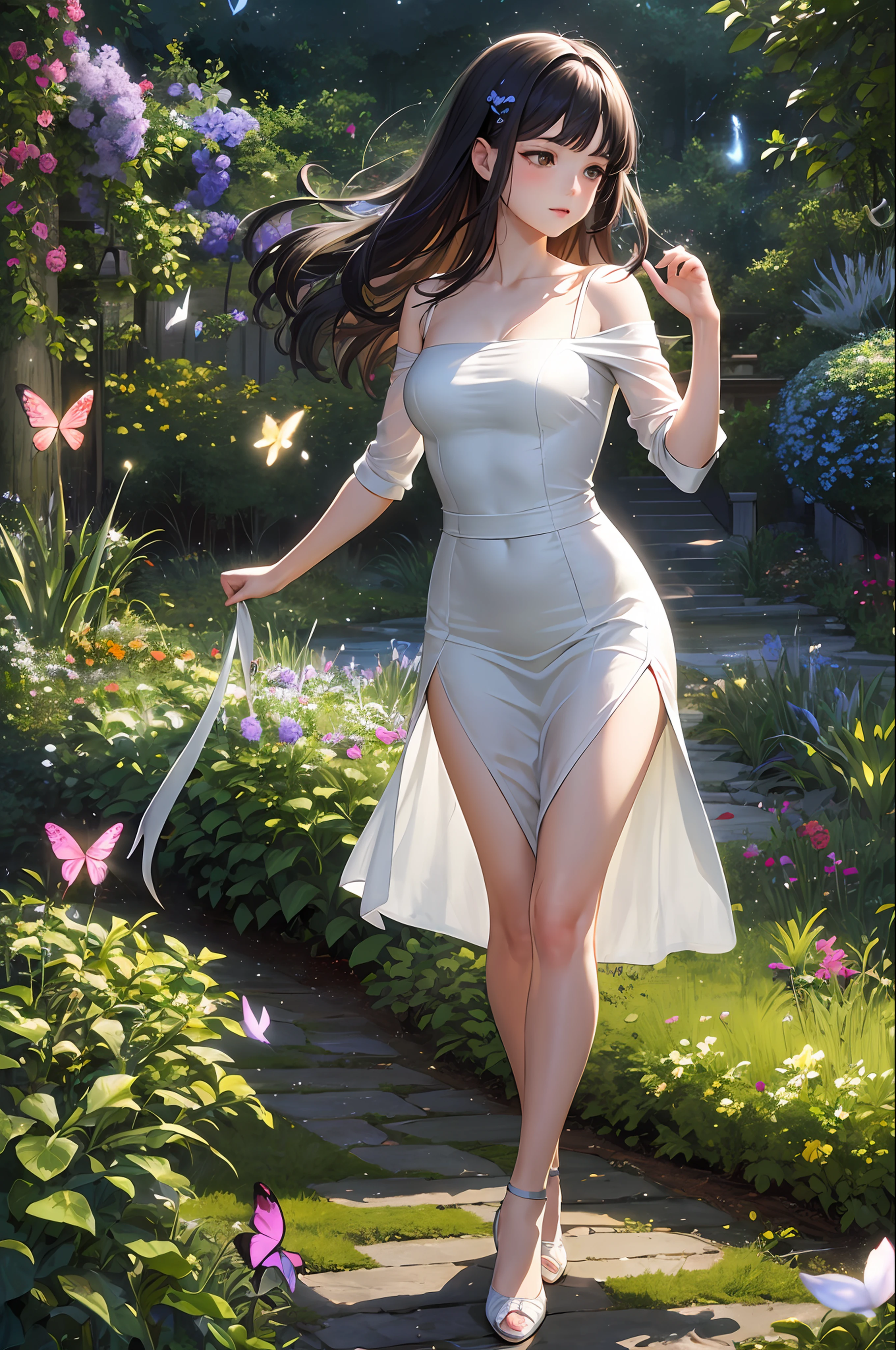 1girl, solo, full body, (masterpiece:1.21), (best quality:1.2), colorful, (illustration:1.2), (cinematic lighting:1.1), (bare shoulders:1.21), (collarbone:1.21)
In this whimsical and fantastical garden, the scene is illuminated by a rainbow of (colorful fireflies), dancing and fluttering in the air. The garden is decorated by a gentle (drizzle), creating a misty and ethereal atmosphere. In the center of the scene, there is a single girl, an extremely delicate and beautiful girl, with cute features and an innocent expression. Her long hair is flowing with the wind. She is wearing no shoulder straps dress, which is ultra low cut, highlighting her delicate curves.
The lighting is very delicate and beautiful, creating a soft and warm glow that highlights the water, making it sparkle like diamonds. The finest grass is also illuminated, creating a lush and verdant carpet. The garden is surrounded by colorful flower fields, with blooms of every color and shape. (Colorful butterflies), of every shade and size, can be seen fluttering around the scene, adding to the overall sense of wonder and magic. (look ai viewer),A blush can be seen on her nose, and her mouth is slightly open, adding to the overall sense of innocence and youthfulness. Falling petals can be seen floating around her, adding to the overall sense of romance and beauty. A gentle wind is blowing through the scene, making the leaves rustle and the flowers sway, adding to the overall sense of movement and life. This is a scene of pure wonder and magic, filled with color and beauty, where the viewer can lose themselves in the enchanting and captivating world.