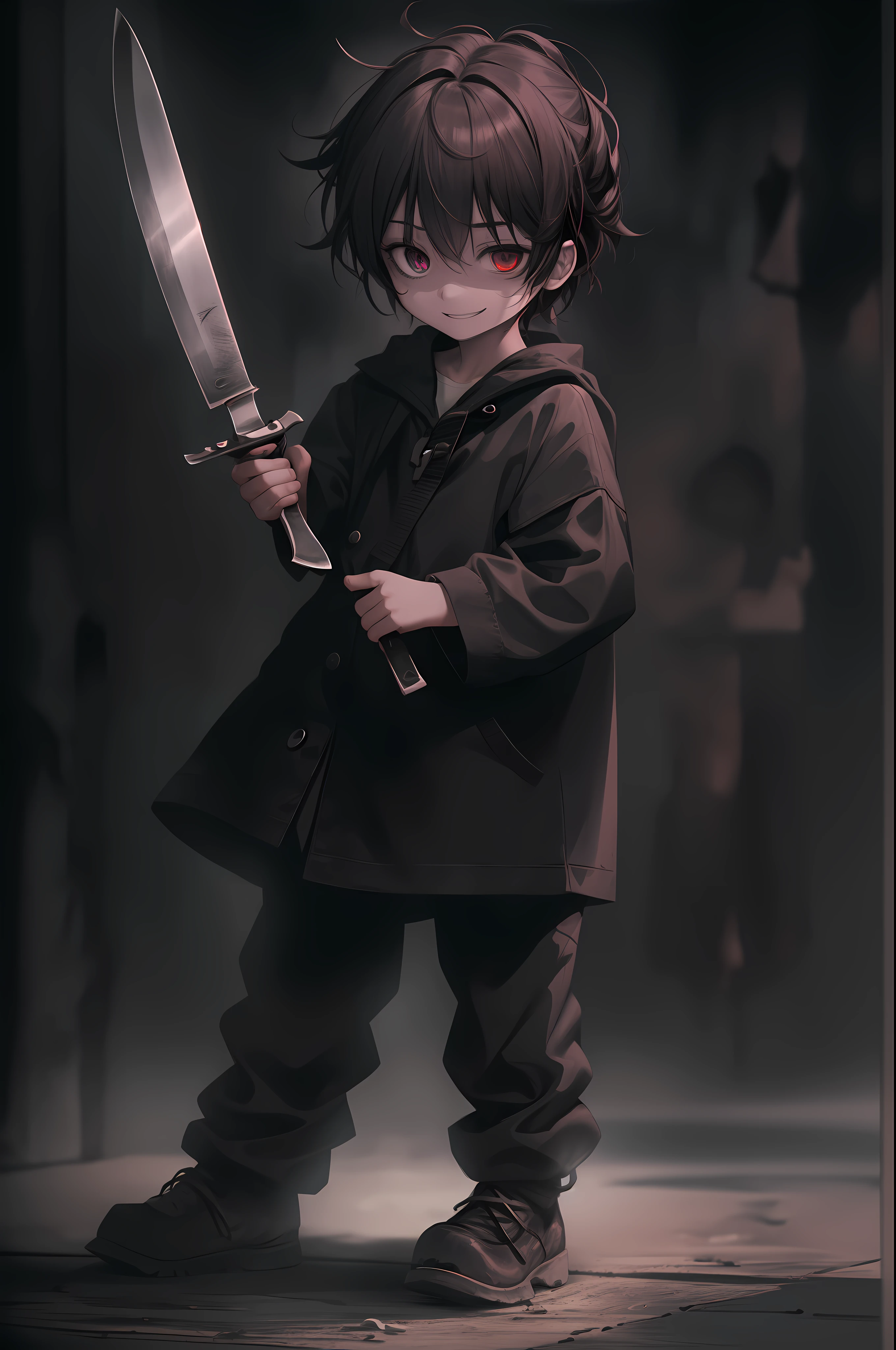 「A small child is standing with a knife in one hand with a creepy smile、Draw scenes that make you feel horror and madness。His eyes shine brightly、In contrast to an innocent smile、The knife in your hand is associated with fear.。Dark background spreads out in the background、You can feel the atmosphere as if there is some evil force lurking behind that smile.。His hair is disheveled.、The clothes were rough and rough.、The surrounding silence emphasizes this crazy spectacle。」