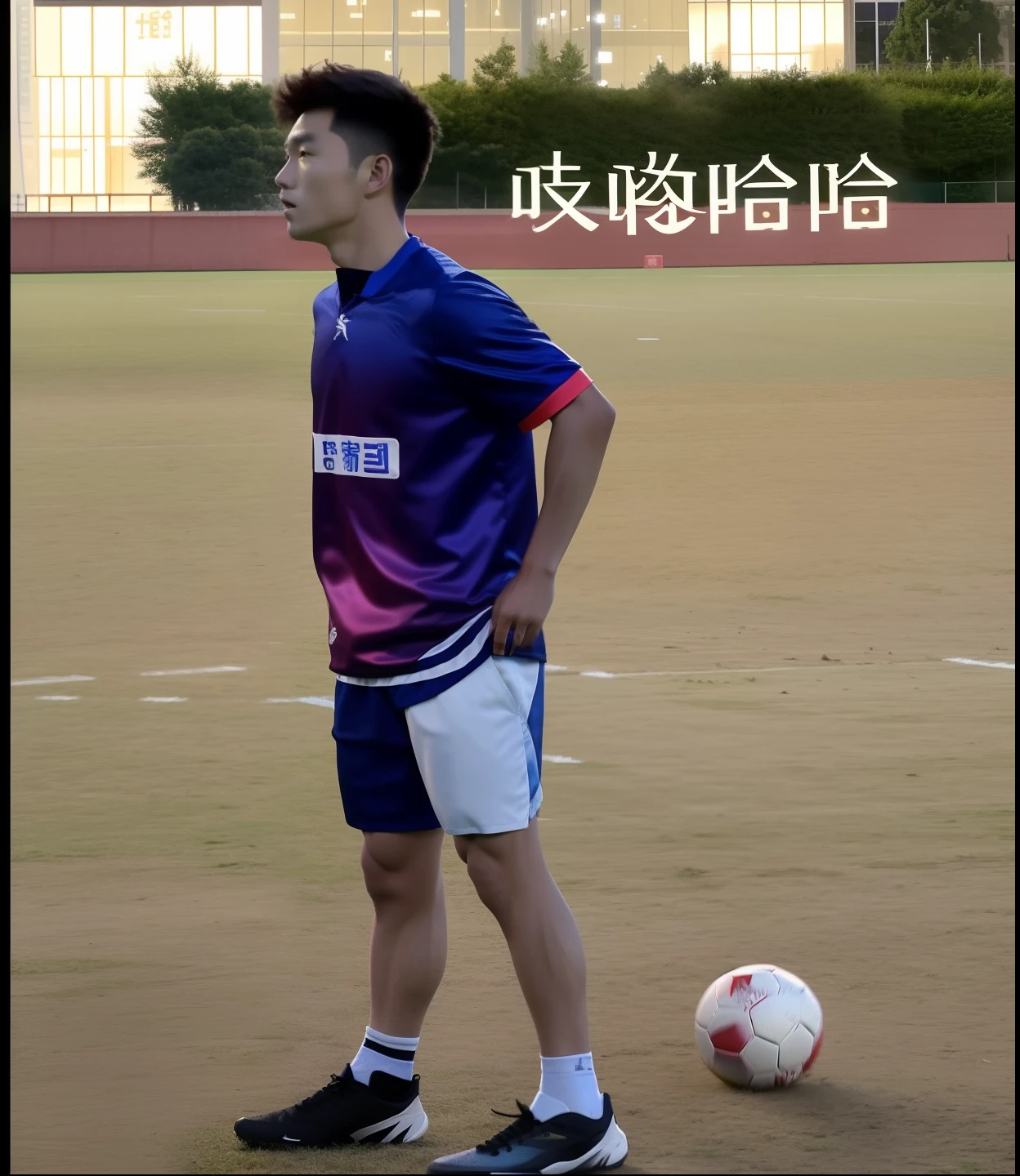 There was a man standing on the football field with a football, xintong chen, Chiba Yuda, in school uniform, wearing track and field suit, wenjun lin, jinyiwei, Middle metaverse, Cai Xukun, wenfei ye, soccer player, huifeng huang