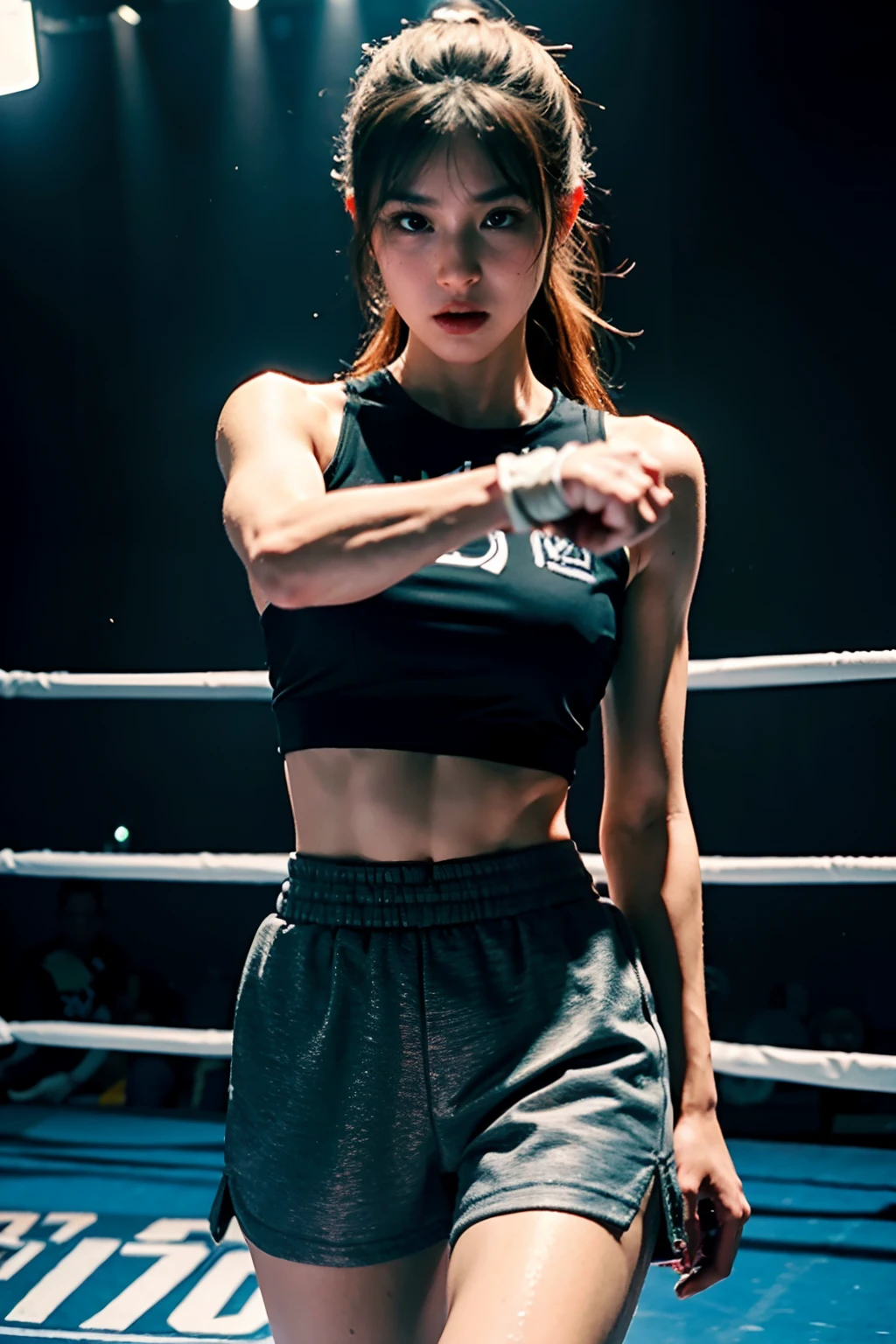 (original) , (very detailed wallpaper) , (best quality) , (masterpiece) , photographic reality, realistic, very detailed illustrations, (1 girl) , beautiful eyes, (delicate face) , perfect detail, (super complex details) , 
 (boxing girl) , (aggressive punching) , sweat, heavy breathing, (oppressive attack) , (boxing ring) , athletic shorts, perfect detail, perfect fingers, perfect limbs, impact, (shiny skin) , abs, muscles, waistline,boxing shorts, fist fight, K unified, (super detailed CG: 1.2) , (8K: 1.2) , realistic, octane rendering