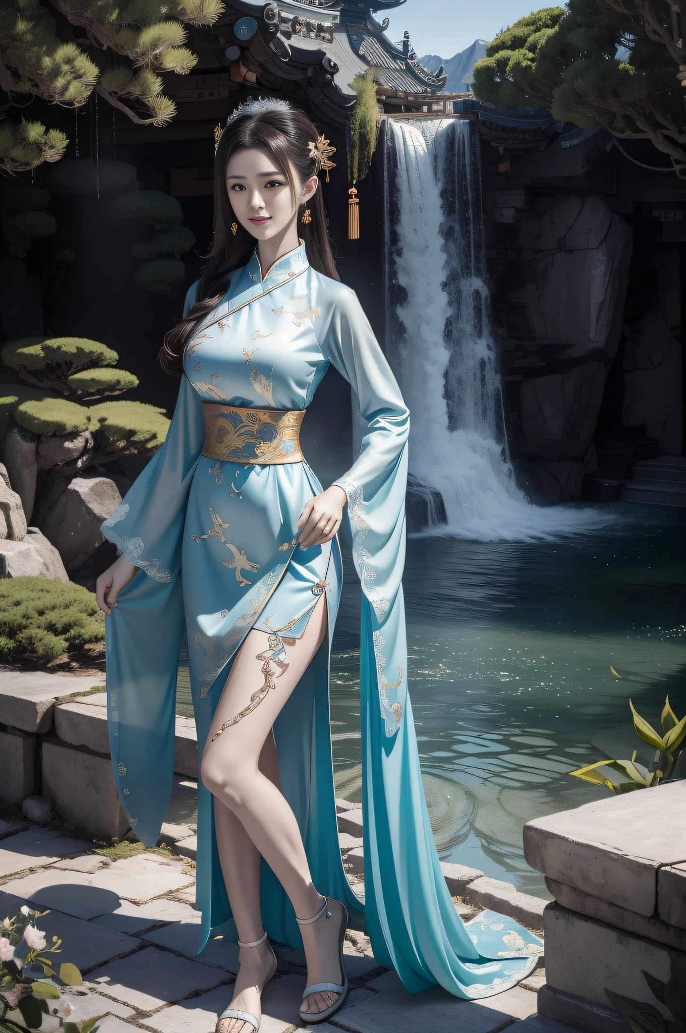 Immersive CG scenes,Brilliant composition,(The distant mountains are ethereal),sheer cliffs,(Leaning on the railing), Hantan Falls,Magnificent and spectacular sea,Mysterious and distant mountains,(Chinese architecture with garden landscape with pool),(A bridge and flowing water for all four times),Little Nezha is brave and powerful,(Heroic),Mixed sky Aya silver white crystalline,The Qiankun circle is shining,(legendary)The magic props are fascinating,Hot Wheels are as crazy as a dragon,(Cool special effects)It's exciting,White Dragon(Elegant and gentle),The ink style complements the Chinese style,Let you involuntarily immerse yourself。Works of masters,wallpaper hd,very wide angle shot,Highest image quality,tmasterpiece,Warm colors are pastel,Charming temperament,extremy detailed,Precise hand structure,Beautiful CG,Extremely delicate facial depiction,Exquisite and perfect dream scene,dingdall effect,cinematric light,Sideslit,ln the forest,mist,Chinese style CG character,The whole picture permeates softness、holy、Natural and fresh atmosphere。Show a(Elegant temperament)。Meticulous(the detail)Renders,The perfect interpretation of the world of martial arts。CG quality,