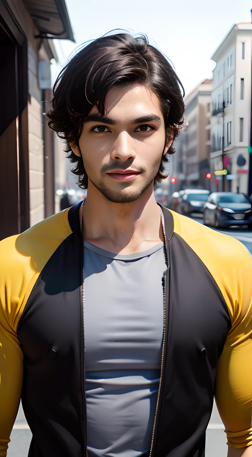((Men only)), (head shot), (tanned black handsome muscular young man in his 20s), (wearing a yellow outfit), (Marlon Teixeira), yellow hair, Mischievous smile, (detaile: 1 in 1), Natural muscles, HIG quality, beautidful eyes, (Detailed face and eyes), (Face、: 1 / 2), Noise, Real Photographics、... ................................................................................................................PSD, Sharp Focus, High resolution 8K, realisitic & Professional Photography, 8K UHD, Soft lighting, High quality, Film grain, FujifilmXT3