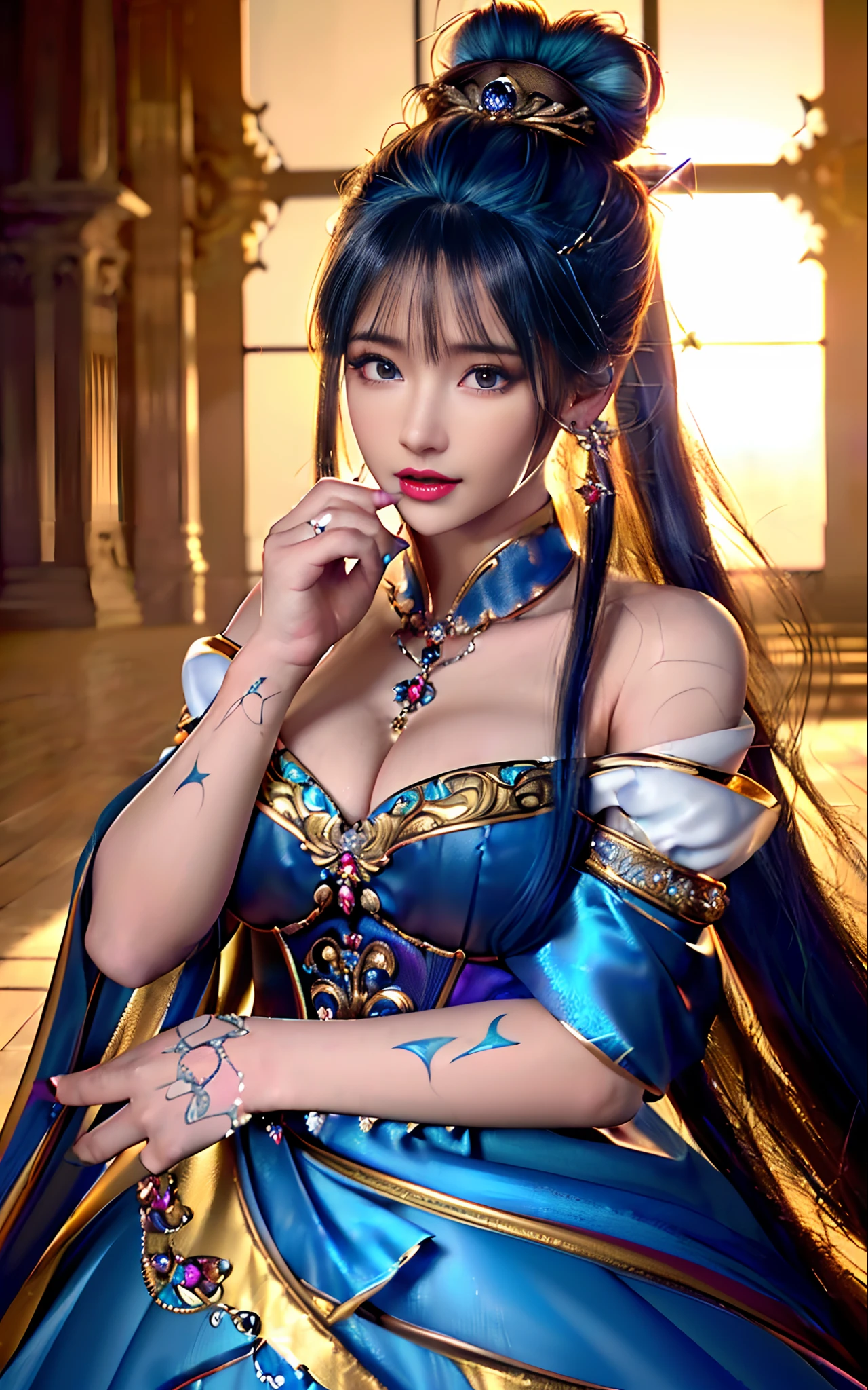 ((realisticity: 1.2)), ((realistic: 8K UHD)), ((best resolution: 8K UHD)), hyper detailed, best quality,masterpiece,highres,cg, ((1 girl hyper detailed and hyper realistic) ) , ((beautiful queen, hyper realistic and hyper detailed)),((white skin, beautiful, smooth, youthful, hyper realistic and hyper detailed )), ((Face hyper beautiful, white, hyper realistic and hyper detailed ) ), long hair, ((hyper realistic and hyper detailed dress)), solo, ((hyper realistic, hyper beautiful, beautiful and hyper detailed jewelry)), ((hyper beautiful deep red and golden yellow dress, hyper realistic and hyper detailed )) , ((Her pretty, hyper realistic, hyper detailed diamond filled earrings)), ((Her gorgeous diamond haircut, hyper realistic and hyper detailed)), ((hyper pretty upper body, hyper beautiful, hyper realistic and hyper detailed) ), ((medium breast: 1.1)), ((hyper realistic, hyper pretty, hyper detailed boobs)), ((the backgroun of the royal palace is hyper majestic, hyper realistic and hyper detailed)),((hands and palms hyper beautiful, hyper detailed, hyper realistic)), ((hyper detailed and hyper realistic fingers and fingernails)), ((posture not too fat and not too thin, hyper realistic, hyper detail)), ((hyper pretty, hyper pretty, hyper realistic and hyper detailed hair bun)), ((hyper pretty , hyper realistic and hyper detailed blue hair)), candid, Photo, high resolution, 8k , bokeh,