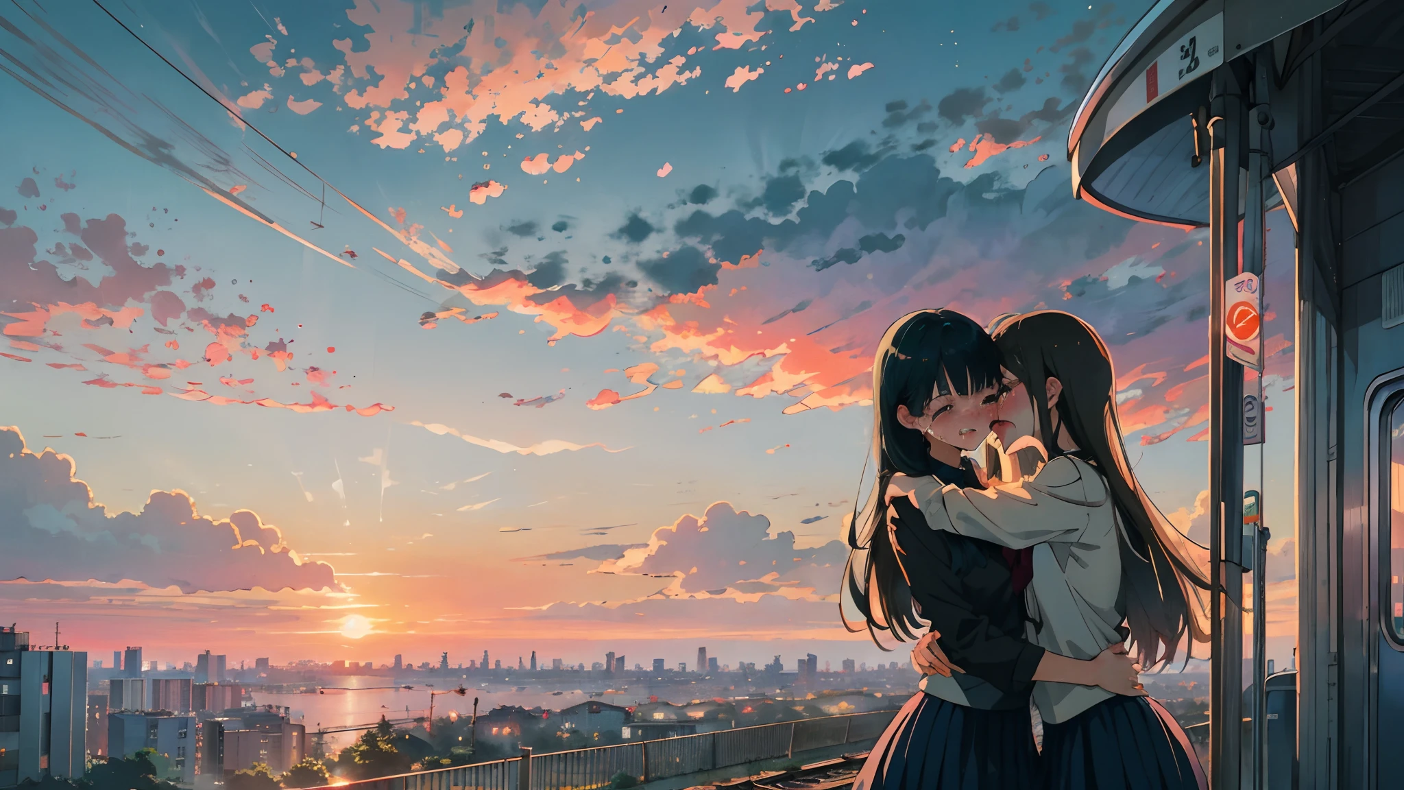 a two anime style women are hugging on a train platform together just before sunset, long hair, 2girls, multiple girls, sky, outdoors, cloud, black hair, skirt, crying