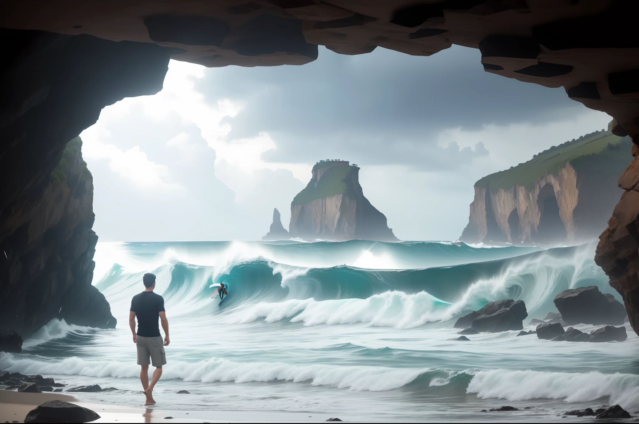 A young man on a rocky beach, wearing just bermudas and flip flops, he is under the natural eave made by an overhang rock, he is trying to protect his body from the hail and rain that fall from the sky. Further away a Big wave, rough water on the sea. Stormy weather, strong wind, heavy rain, hail. Illuminated by natural light, ray tracing.