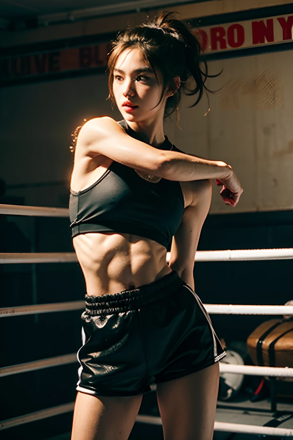 (original) , (very detailed wallpaper) , (best quality) , (masterpiece) , photographic reality, realistic, very detailed illustrations, (1 girl) , beautiful eyes, (delicate face) , perfect detail, (super complex details) , 
 (boxing girl) , (aggressive punching) , sweat, heavy breathing, (oppressive attack) , (boxing ring) , athletic shorts, perfect detail, perfect fingers, perfect limbs, impact, (shiny skin) , abs, muscles, waistline,boxing shorts, fist fight, K unified, (super detailed CG: 1.2) , (8K: 1.2) , realistic, octane rendering