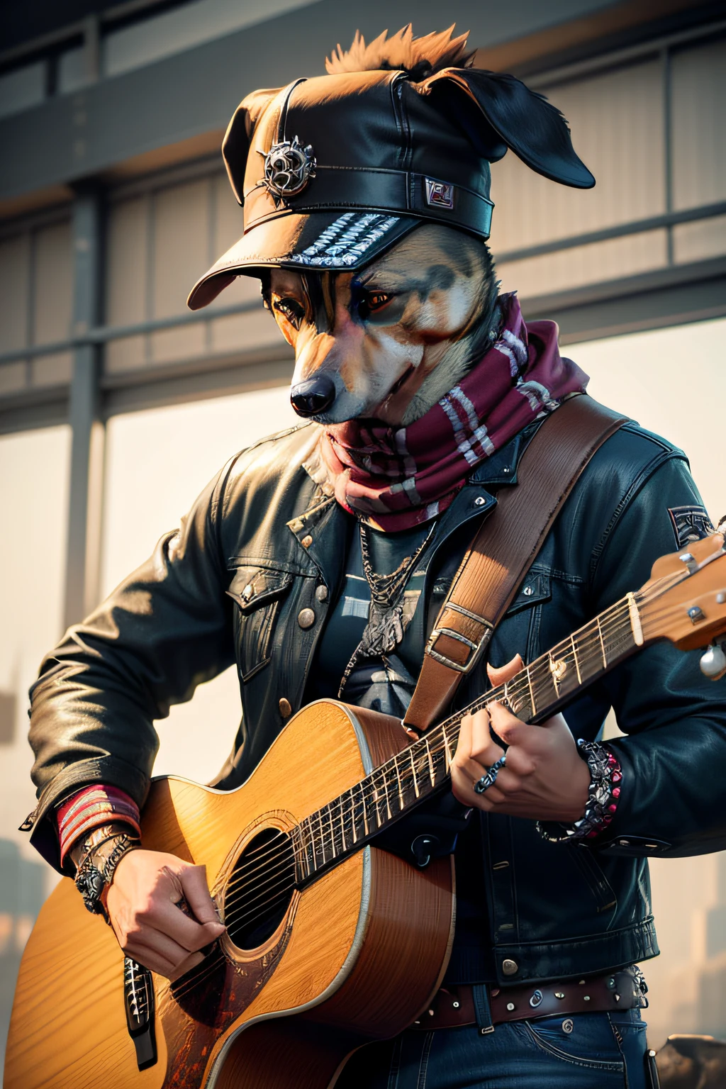 Picture of dog wearing hat and scarf,trends in art station,Wear punk clothes,Ultra-realistic detailed rendering,Urban style,intimidating pose,Planet of dogs,fashionable attire,urbansamurai,Doggy,Western denim specialty,Singing on the guitar