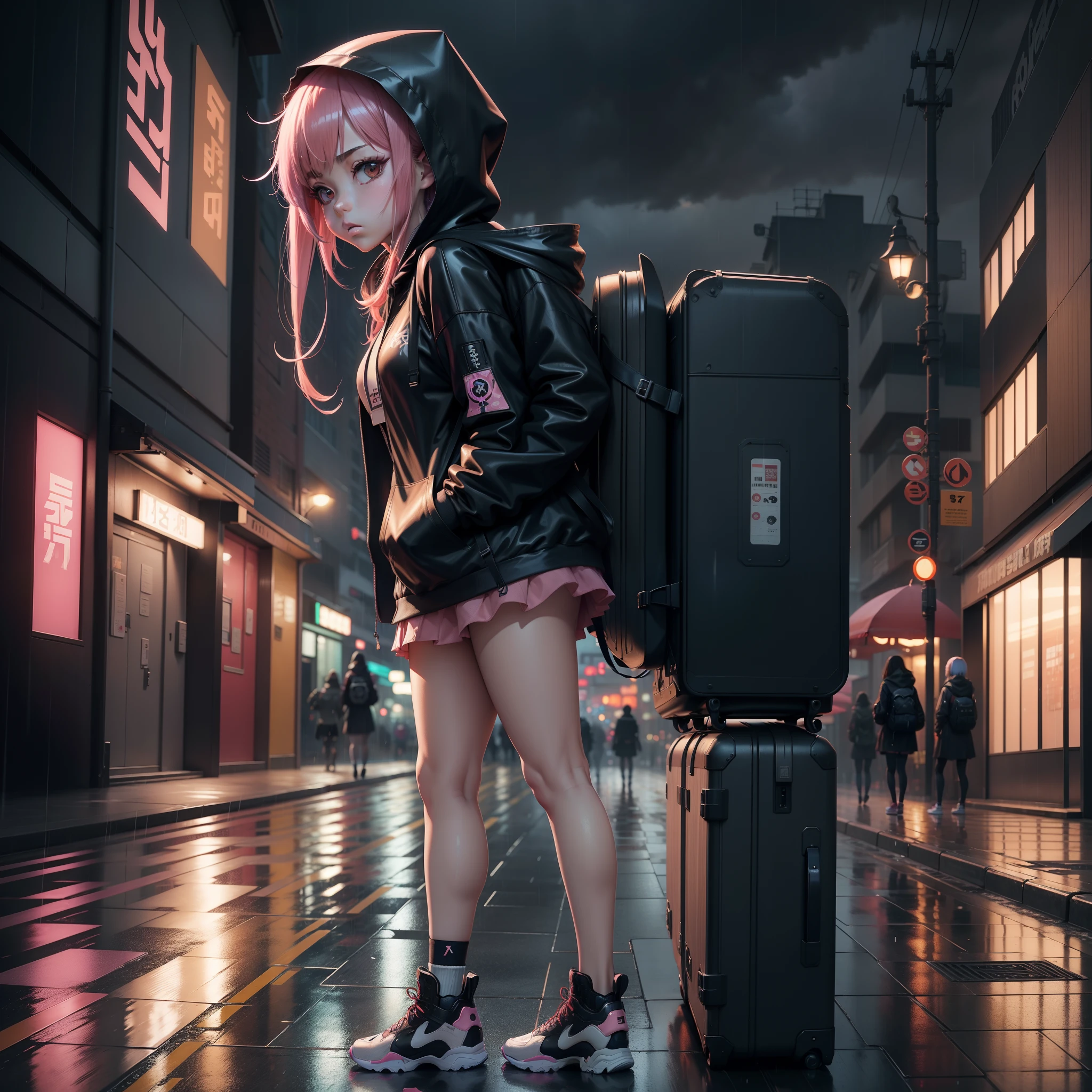 anime girl in the rain with a backpack and a backpack, anime style 4 k, cyberpunk anime girl in hoodie, 4k anime wallpaper, anime art wallpaper 8 k, anime art wallpaper 4k, anime art wallpaper 4 k, anime wallpaper 4k, anime wallpaper 4 k, anime style. 8k, badass anime 8 k, digital cyberpunk anime art