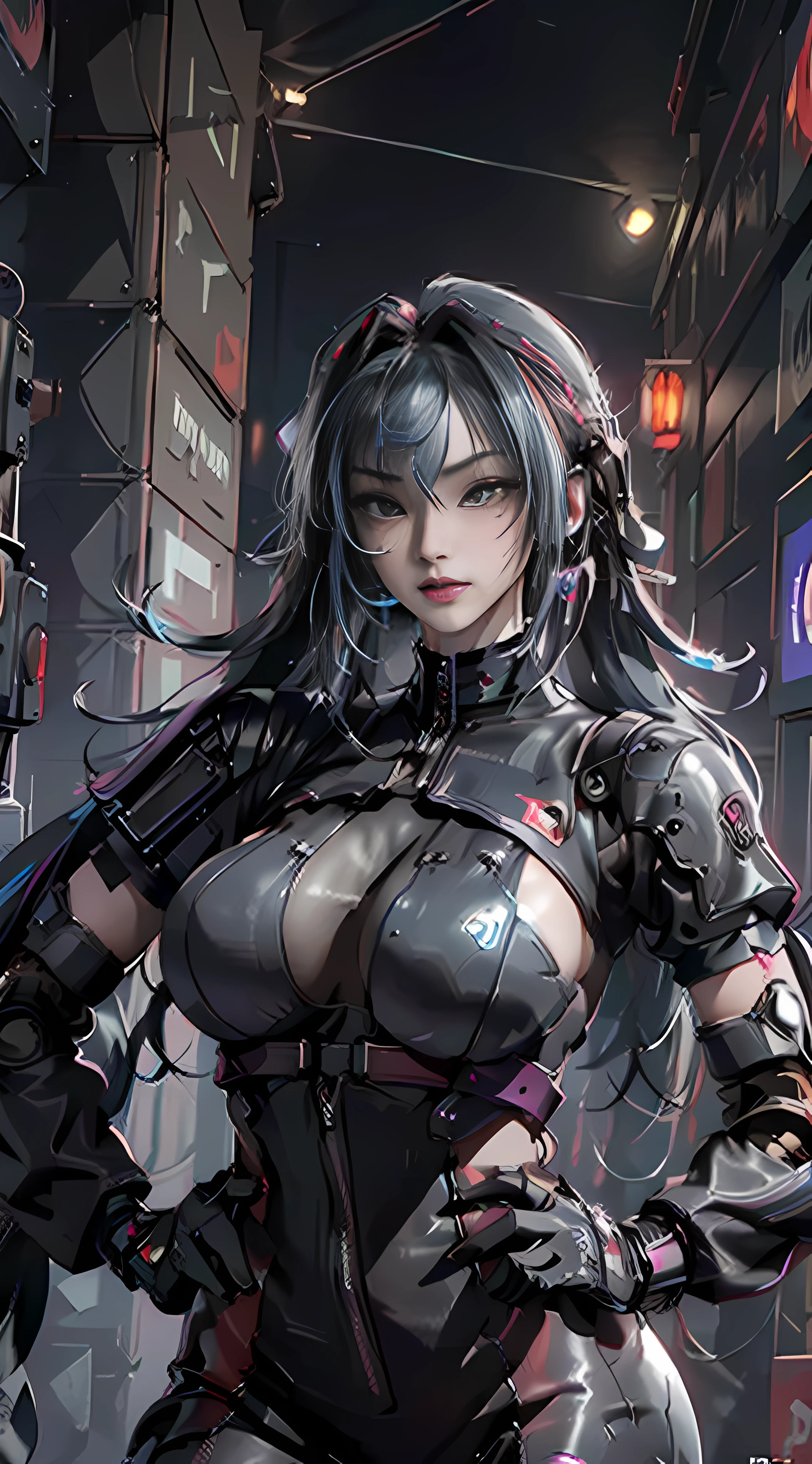 ((Best quality)), ((masterpiece)), (highly detailed:1.3), 3D, beautiful (cyberpunk:1.3) hacker woman with colored hair, black clothes looking at camera