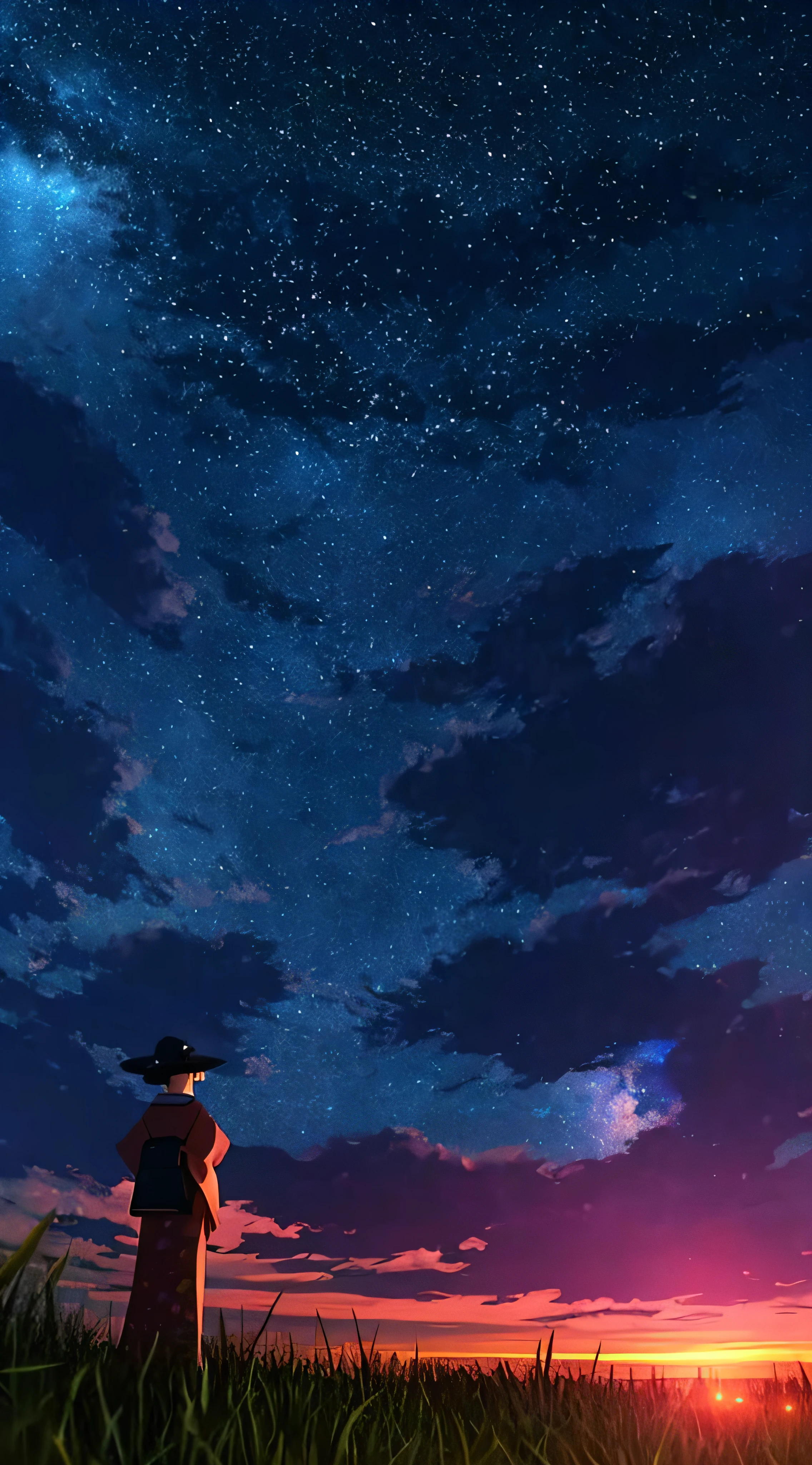 1 persons,Distant girl in kimono looks up at the starry sky,Meteor swarm,The comet is splitting,At dusk,Your name is,famous