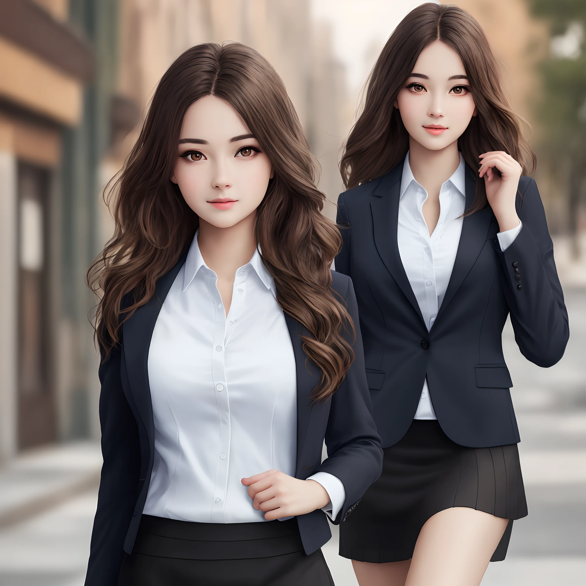 best quality, masterpiece, 1girl, Beautiful face, (photo realistic:1.3), rim lighting, (high detailed skin:1.2), 8k uhd, dslr, high quality, high resolution, 4k, 8k, Bokeh, absurdres, best ratio four finger and one thumb, (realistic:1.3), cute 1girl, wearing black formal blazer, medium breasts, short skirt,