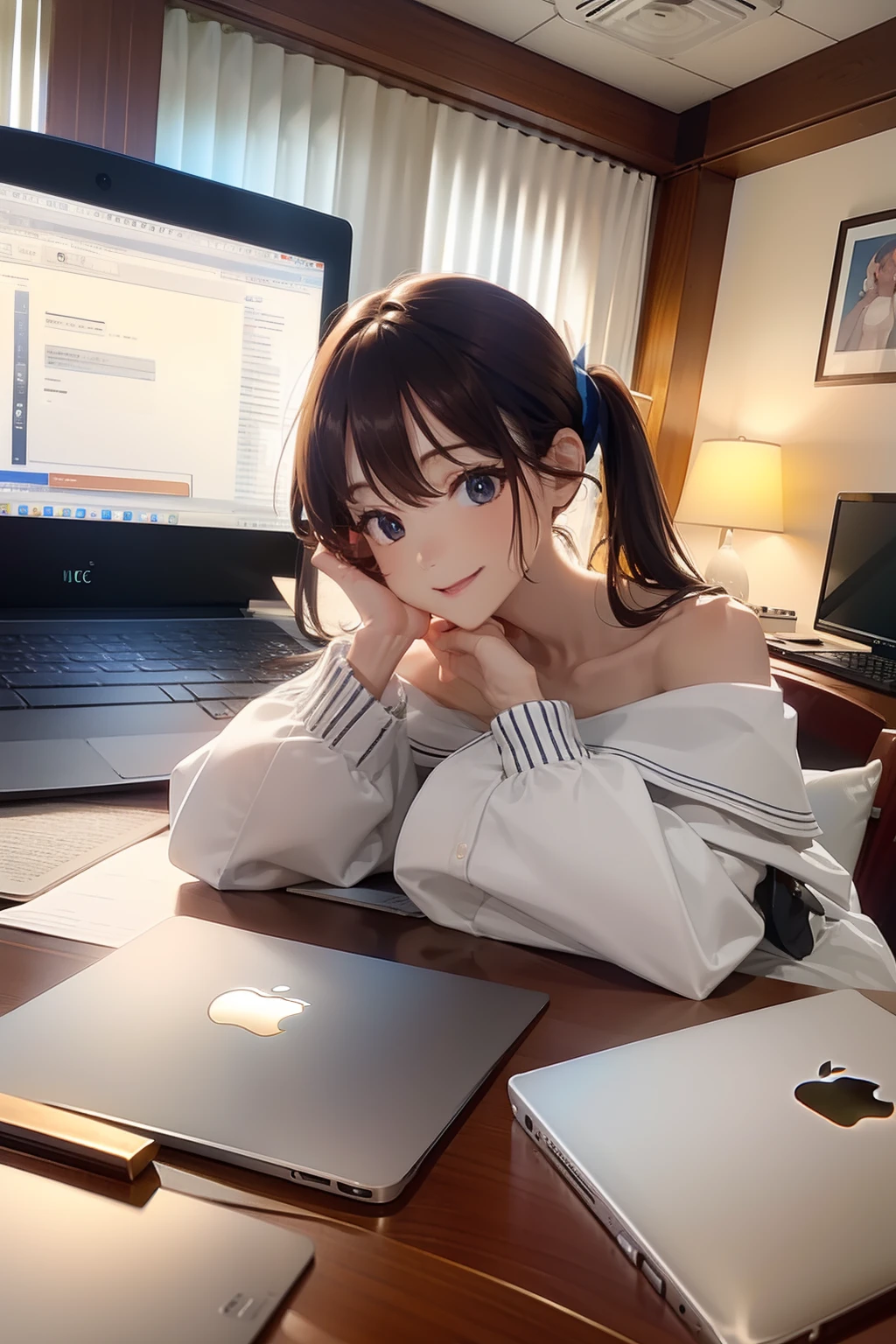 Best quality at best, ​masterpiece, The ultra-Highres, photorealestic, 1girl, off-shoulder, Sorrisos, notebook, Apple MacBook, A laptop with the Pacey logo on the top, Laptop Advertising, Cold ice, A laptop with a chill dripping down, Fresh laptops,