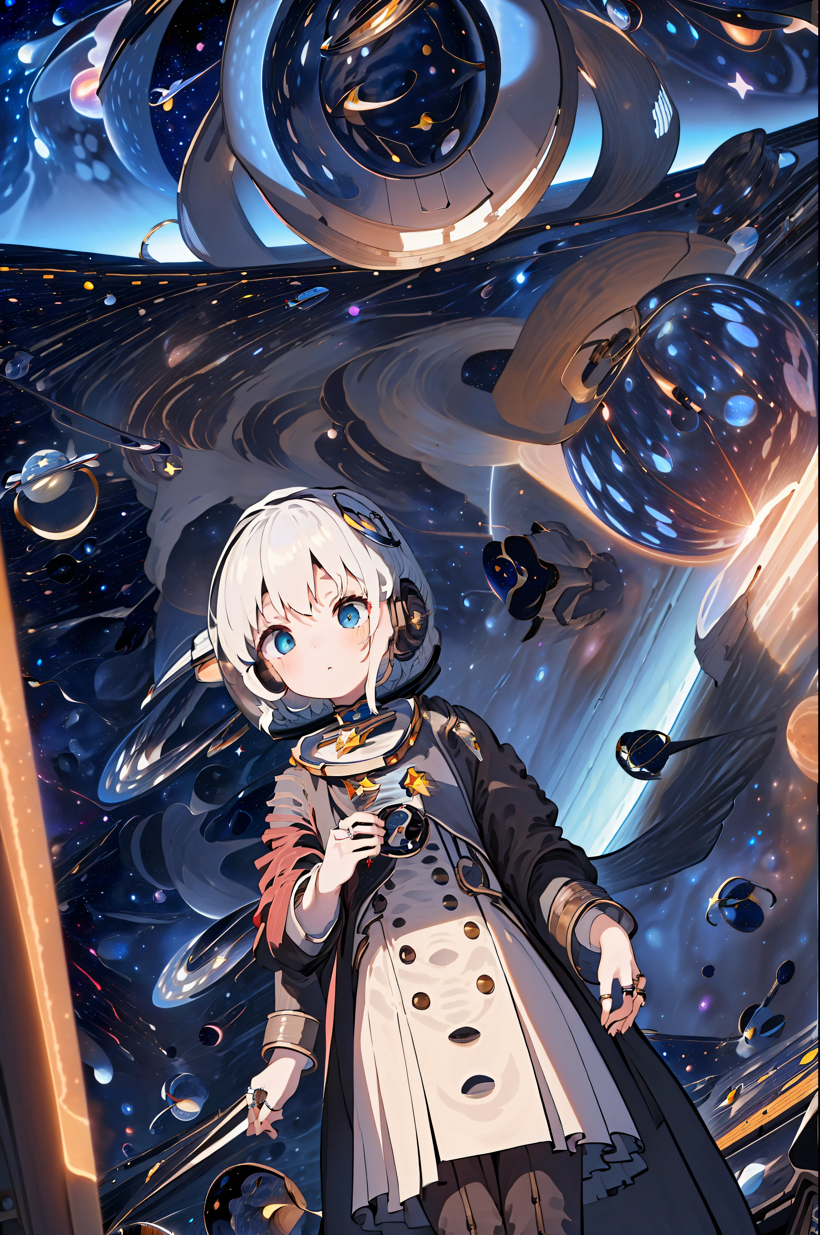 Close-up,schoolgirls,Lace-up boots,(steampunc:1.8),puffer jacket,Mountains,(Earphone:1.6),ventania,Gothic skirt,Side view,messy hair,Dull hair,over knee socks,Gradient hair,(starrysky:1.8),Hair tied up,long whitr hair,Spaceship),(system:2),(full bodyesbian:1.4),(ultra-wide-angle:2),(space:2),(heavenly body:2),(Star ring:2),White hair ,(One girl:2),clear picture quality,perfect works,(Blue eyes),(planetarium:2)(setting diagram,character design drawing, man in profile, reference sheet,(Clothing configuration:1.15)), (infography:1.2) (Set the chart,character design drawing,Introduction to the role,reference sheet,(Clothing configuration:1.15)),(infography:1.2),(((One girl))),(((ultra-wide-angle))),Royal sister